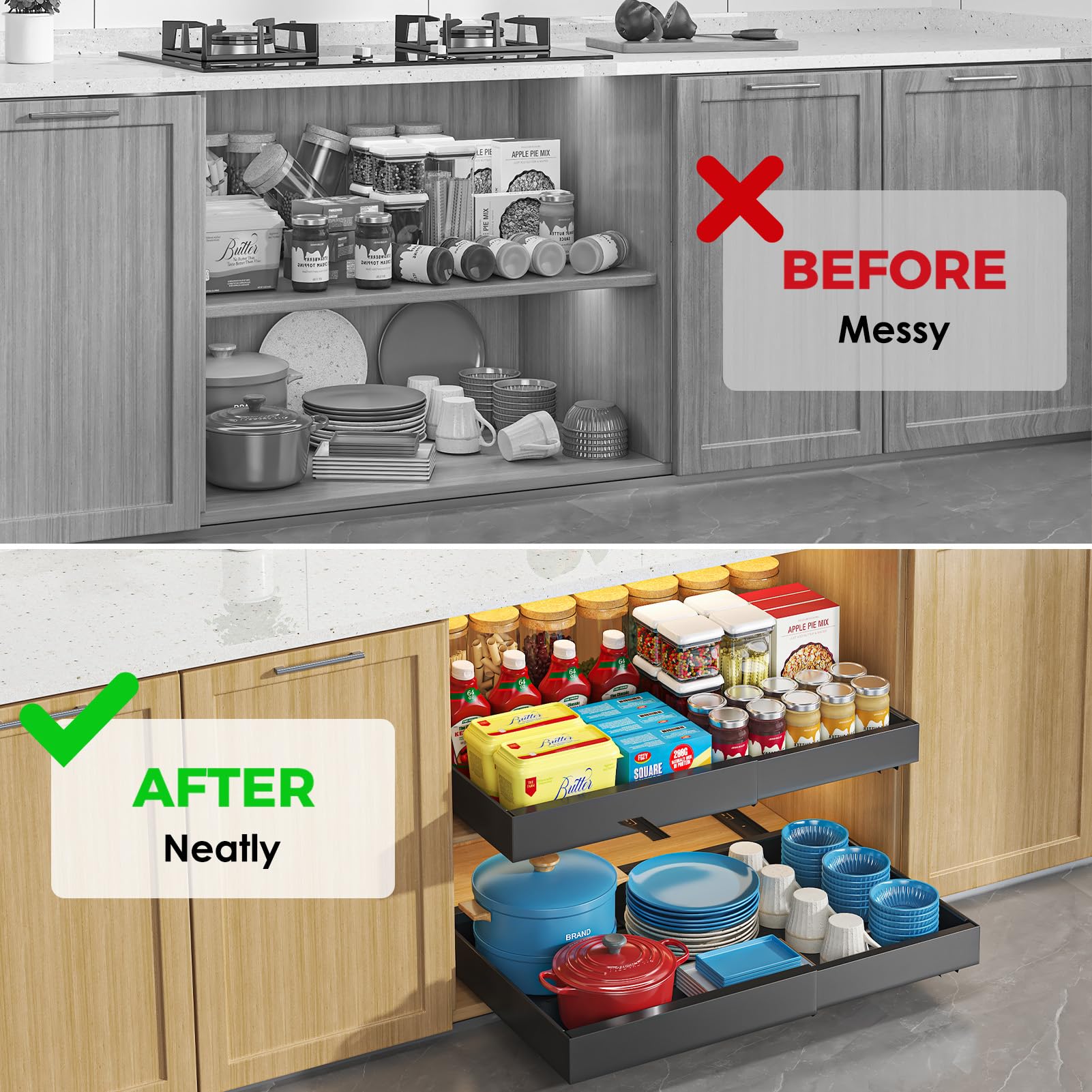 Pull-Out Cabinet Organizer Shelf - Adjustable Width (12.2-20.5"), 21" Deep, No-Drill Adhesive Mount