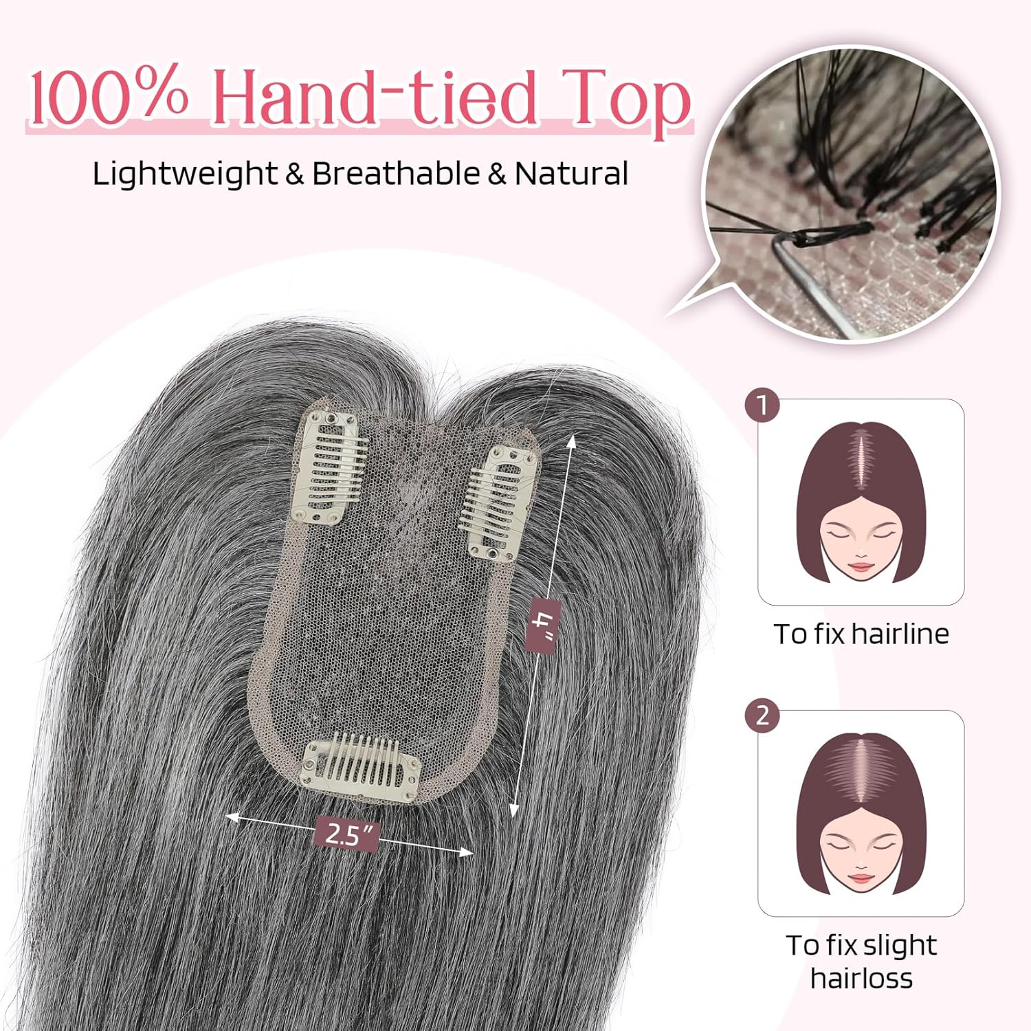 hoojih hair topper for women with thinning hair 4x2.5inch base real human hair topper with bangs handmade invisiable lace front topper - dark gray 10 inch dark gray