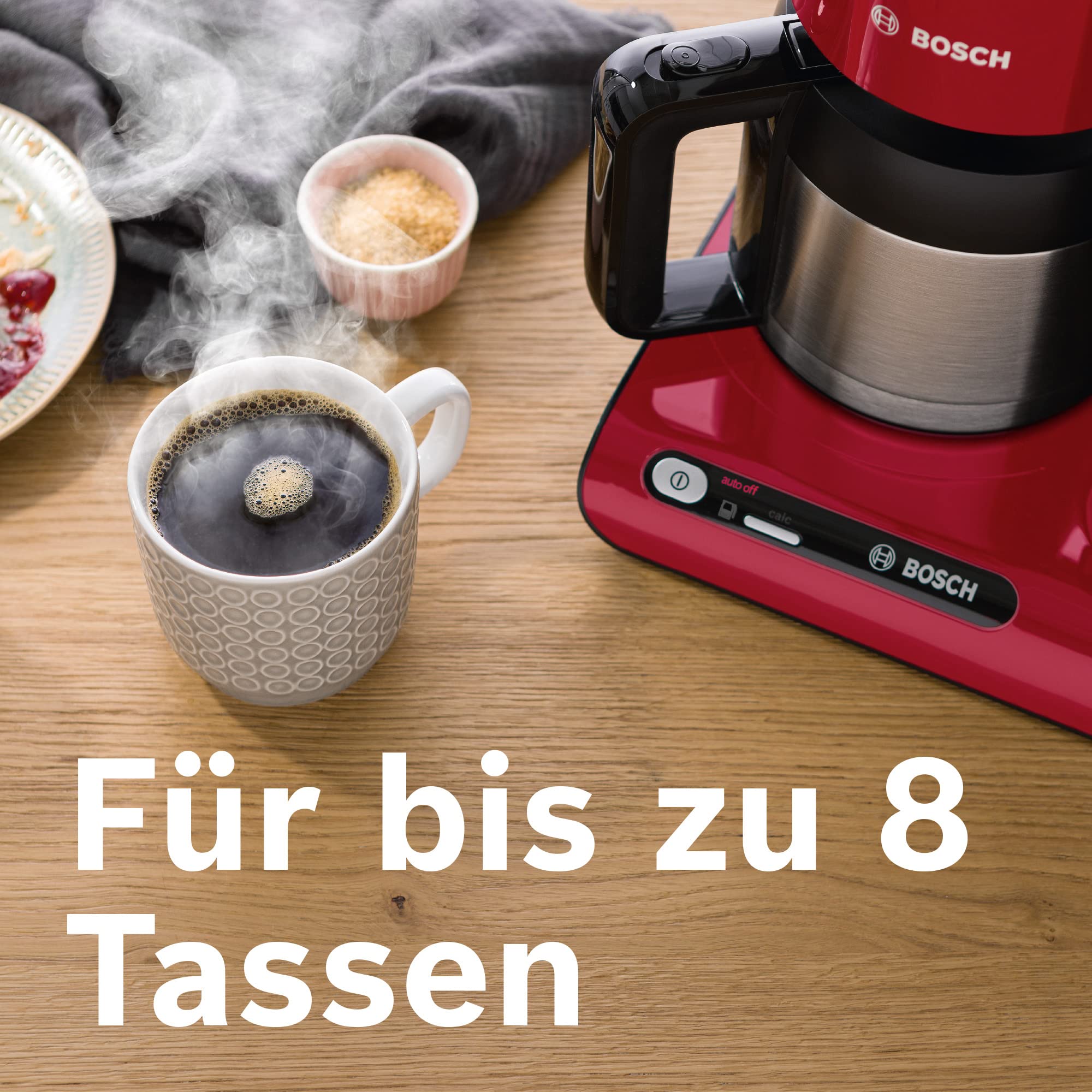 Bosch Filterkaffeemaschine Styline TKA8A054, Edelstahl-Thermokanne 1,1 L, für 8-12 Tassen, abnehmbarer Wassertank, Tropfstopp, schwenkbarer Filterträger, Kabelstaufach, 1100 W, rot
