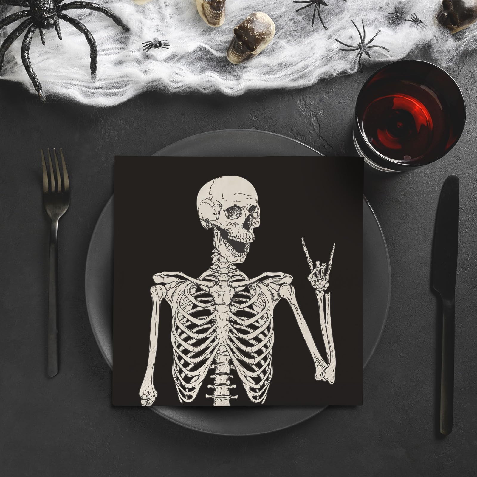 JarThenaAMCS 100 servilletas de papel de Halloween con diseño de esqueleto sonriente, servilletas negras para cena, servilletas de mano para el hogar, fiesta, decoración de mesa