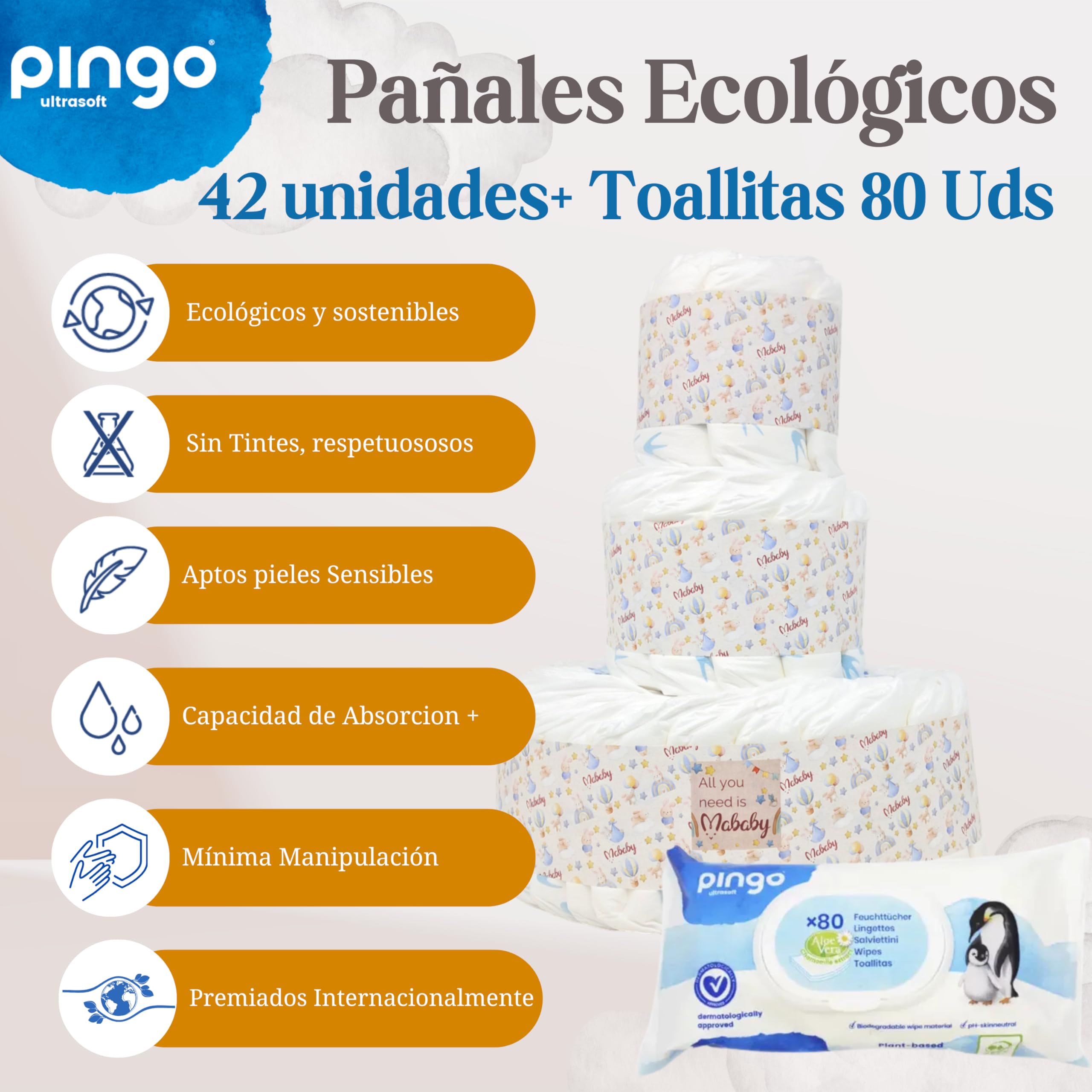Naáy - Tarta de Pañales Personalizada con Pañales Talla 2, Set de Cosmética Eco, Dou Dou, Chupete y Toallas Bordadas con el Nombre del Bebé (Azul)
