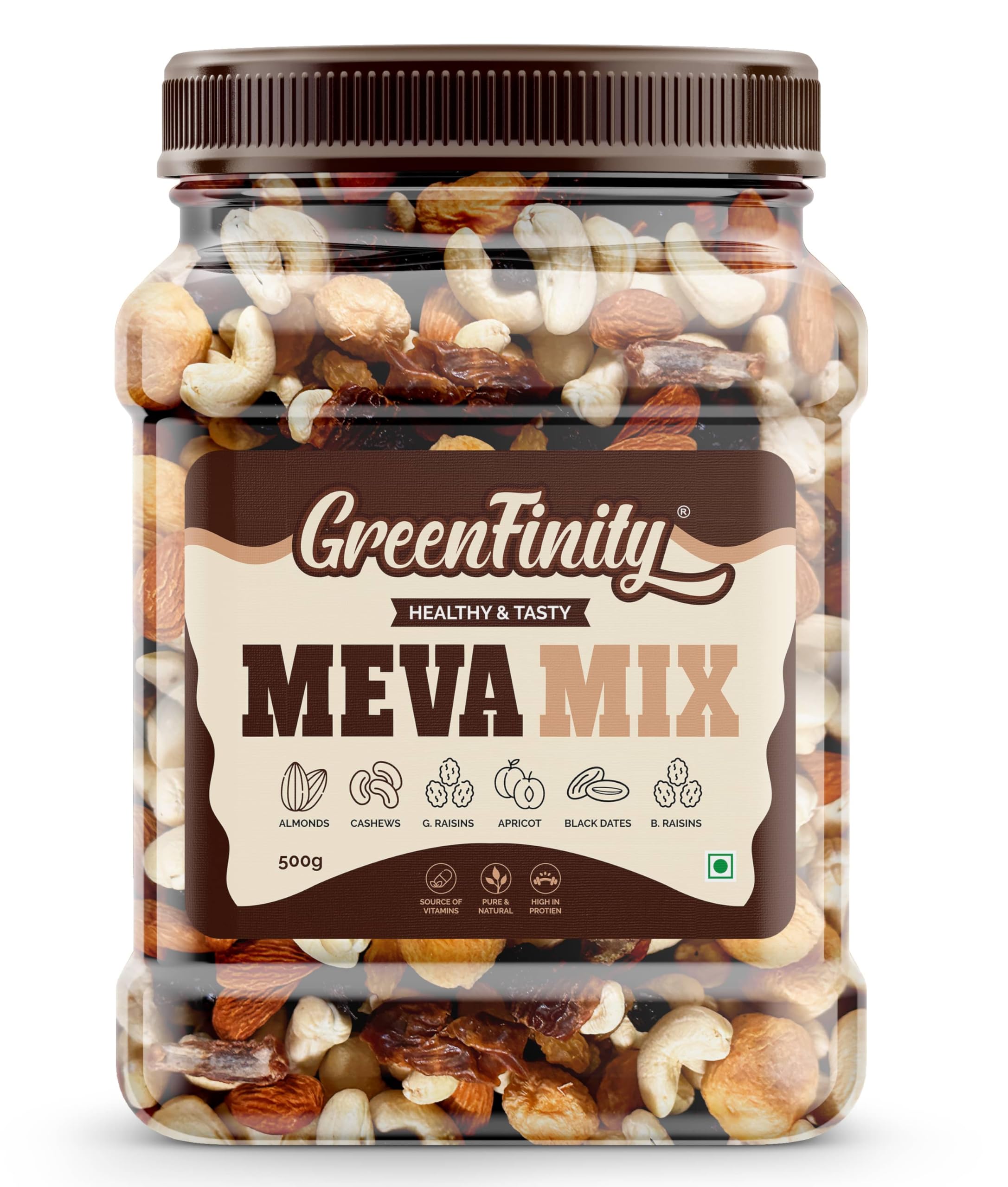 GreenFinity Meva Mix - Premium Nut & Dried Fruit Blend, 500g, Almonds, Cashews, Green Raisins, Black Raisins, Black Dates, Apricots (B0DBGCDSF6) Amazon Price History, Amazon Price Tracker