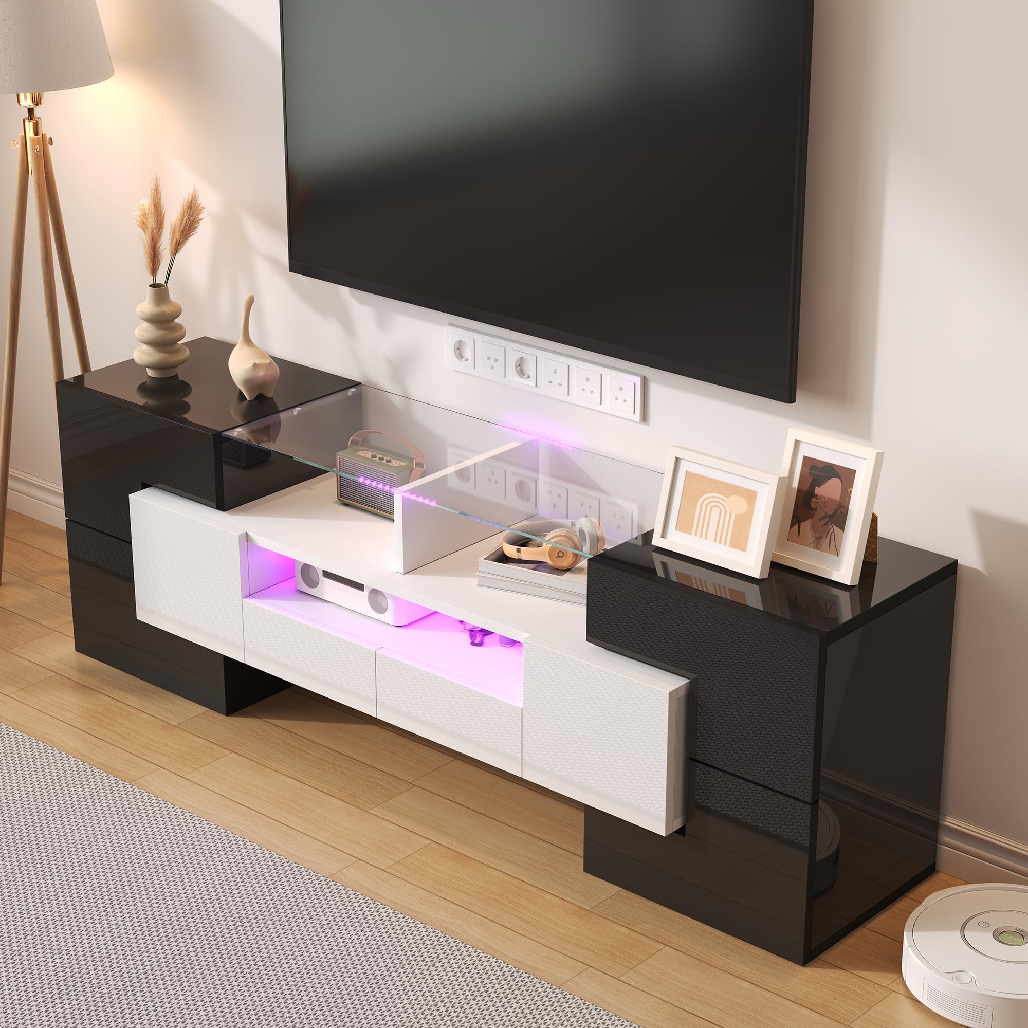 BTM Meuble TV LED, Moderne avec Rangement, Bas en Verre, Meuble TV Salon, Charge 60kg, 150 x30x51 cm, Blanc et Noir