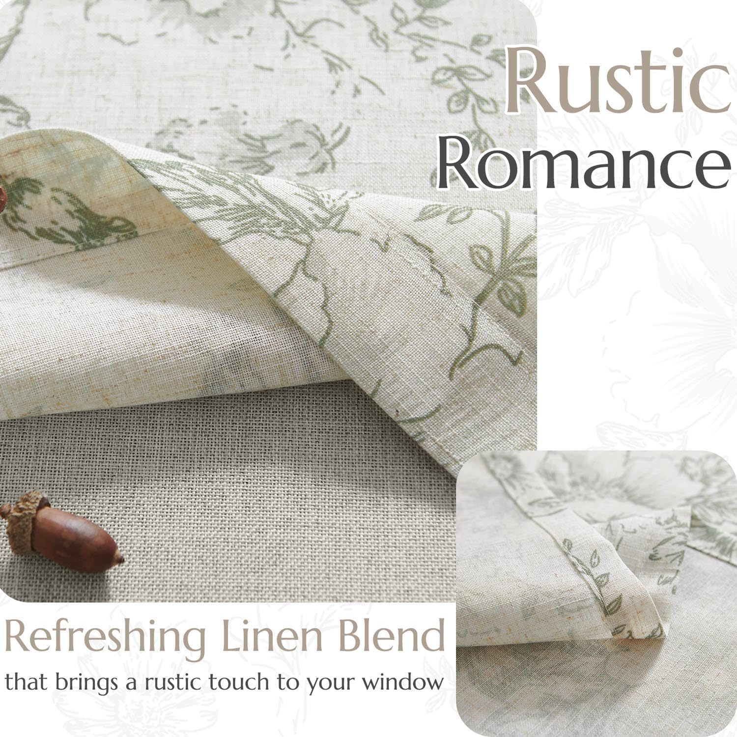 jinchan Linen Floral Valance Double Layer Kitchen Window Curtain Green Flower on Beige Valance for Living Room Cafe Farmhouse Light Filtering Rustic French Country Sage 18 Inch Rod Pocket 1 Panel