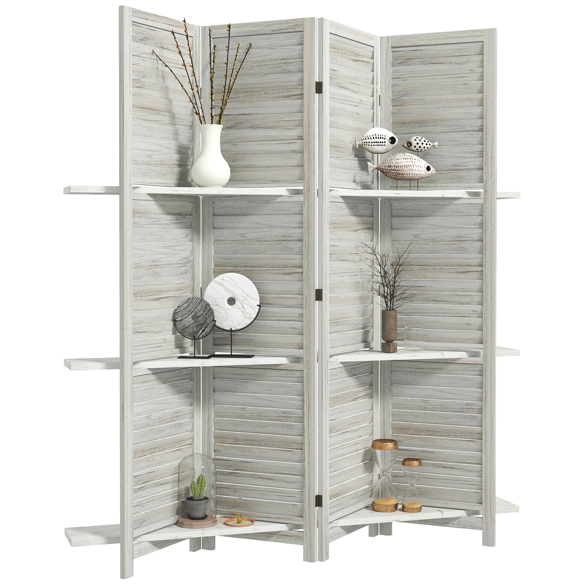 HOMCOM Room Divider, 4 Panel 67" Tall Wood Privacy Screen with 3 Display Shelves, and Folding Storage for Bedroom or Home Office, Distressed White