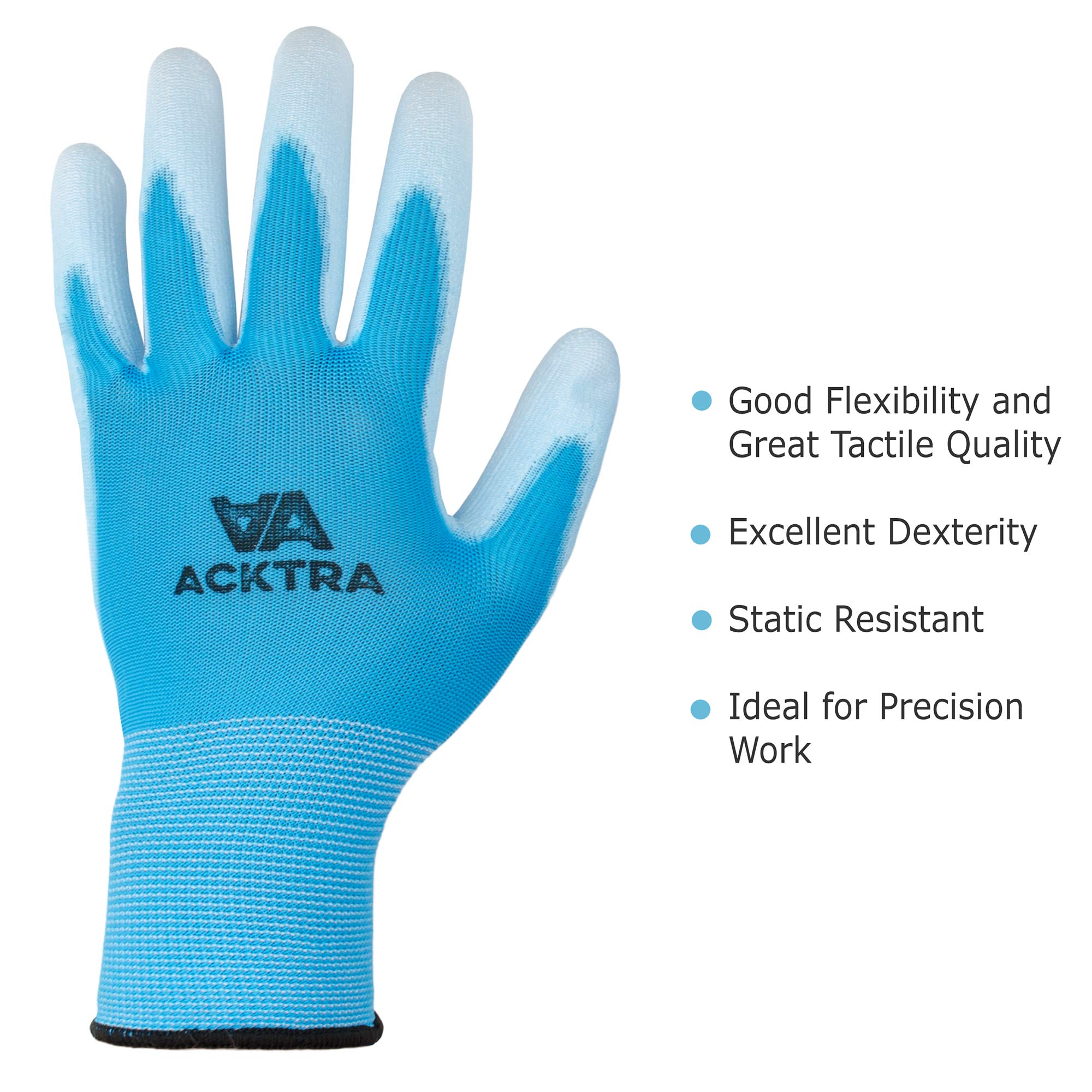 ACKTRA Guantes de trabajo de seguridad de nailon ultrafino (PU), 12 pares, puños de punto, para trabajo de precisión, para hombres y mujeres, WG002 azul poliéster, poliuretano blanco, grande