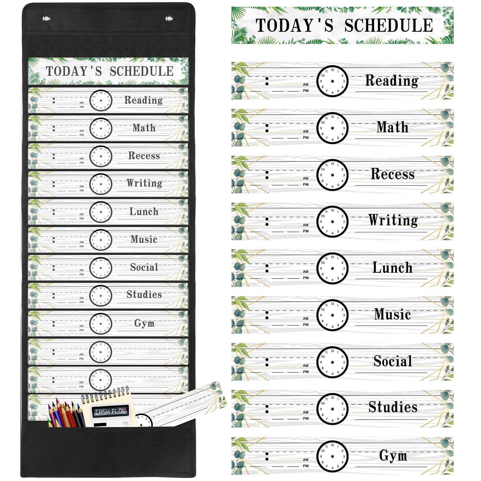 Tatuo Daily Schedule Pocket Chart Classroom Pocket Charts with Reusable Cards and 14 Pockets Farmhouse Classroom Supplies Greenery Schedule Charts for School Office Home Educational Activity(31 Pcs)