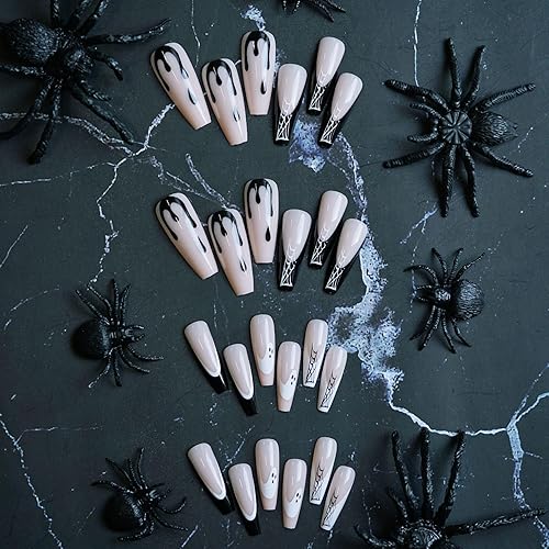 Miniatura 5 de Uñas postizas a presión de Halloween, largas y cuadradas, con diseños de telaraña, fantasma, uñas acrílicas, uñas acrílicas negras con pegamento en