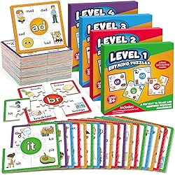 Torlam Phonics Puzzle Cards Level 1-4, Learn to Read Rhyming Games Phonics Flash Cards Spelling CVC Words, Digraphs Blends, Long Vowel, Silent E, Trigraphs Sight Words for Toddlers Kids Kindergarten