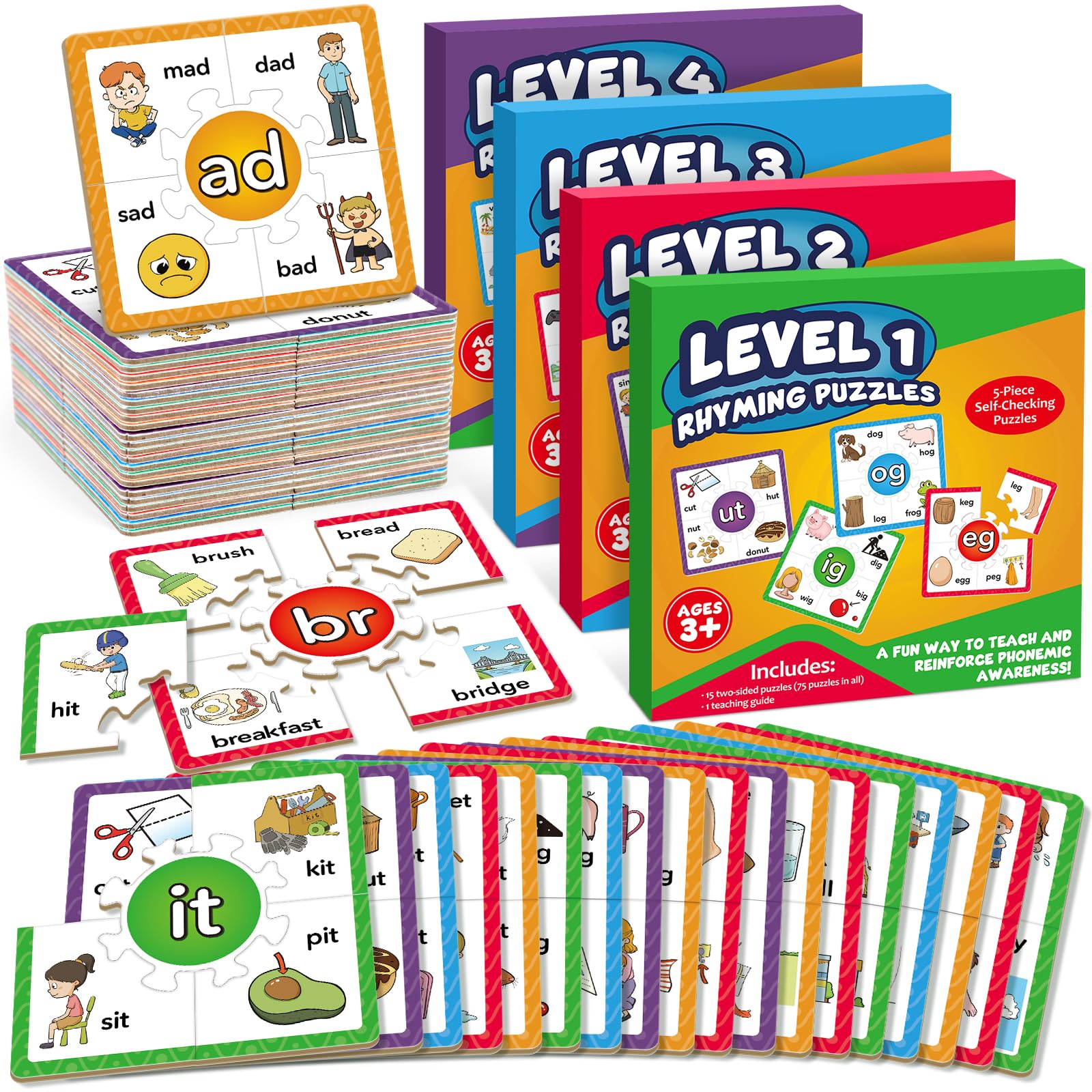 Torlam Phonics Puzzle Cards Level 1-4, Learn to Read Rhyming Games Phonics Flash Cards Spelling CVC Words, Digraphs Blends, Long Vowel, Silent E, Trigraphs Sight Words for Toddlers Kids Kindergarten