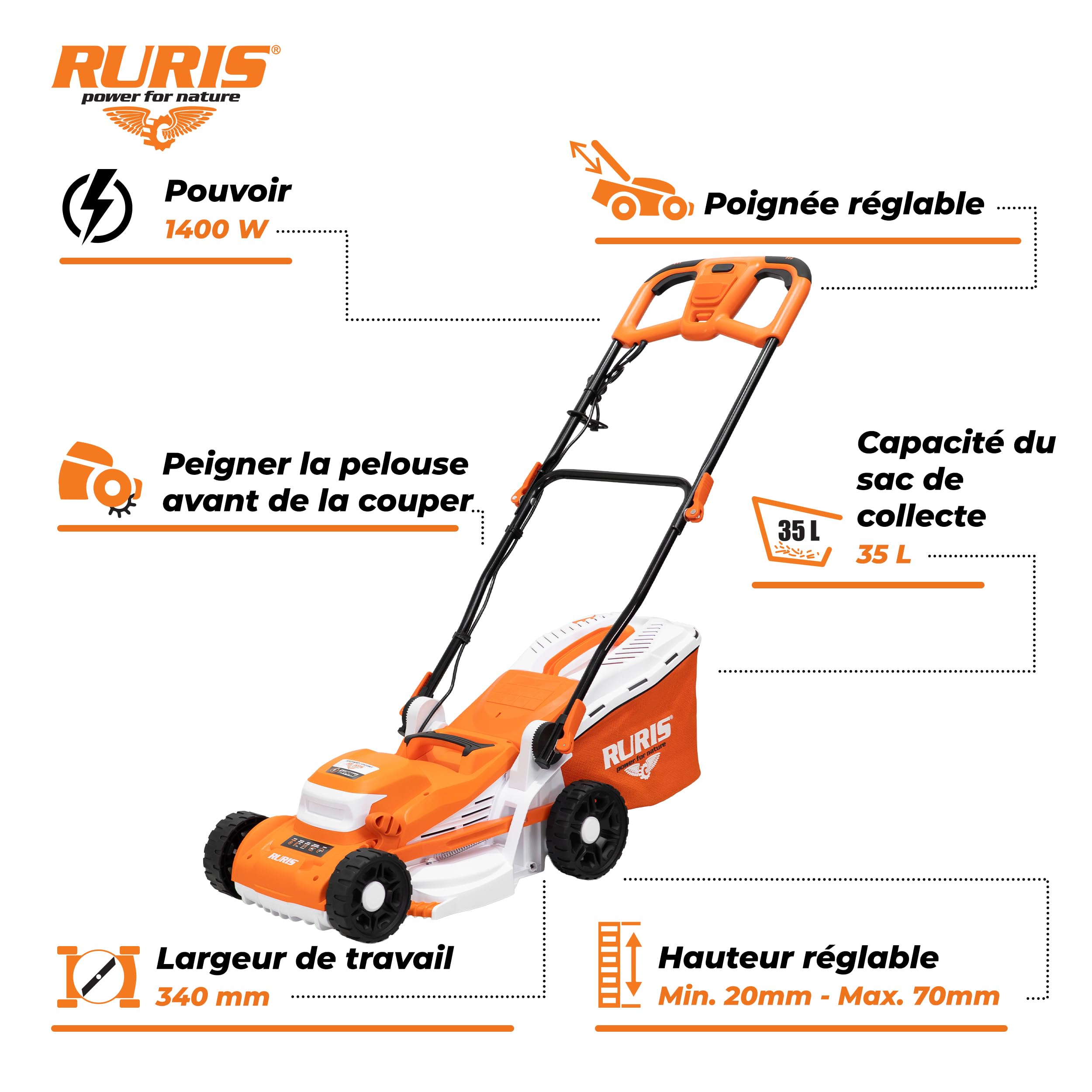 RURIS RXE1400 Comfort tosaerba elettrico 1400 W larghezza 340 mm 6 altezze 20-70 mm vassoio 35 L pettine taglio manico Comfort Pro regolabile 9 kg