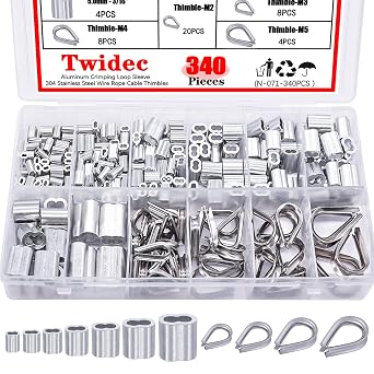 Twidec/340PCS 304 Stainless Steel Wire Rope Cable Thimbles and Aluminum Crimping Loop Sleeve 3/64"-3/16" for Wire Rope Cable Thimbles Rigging Assortment Kit N-071-340PCS