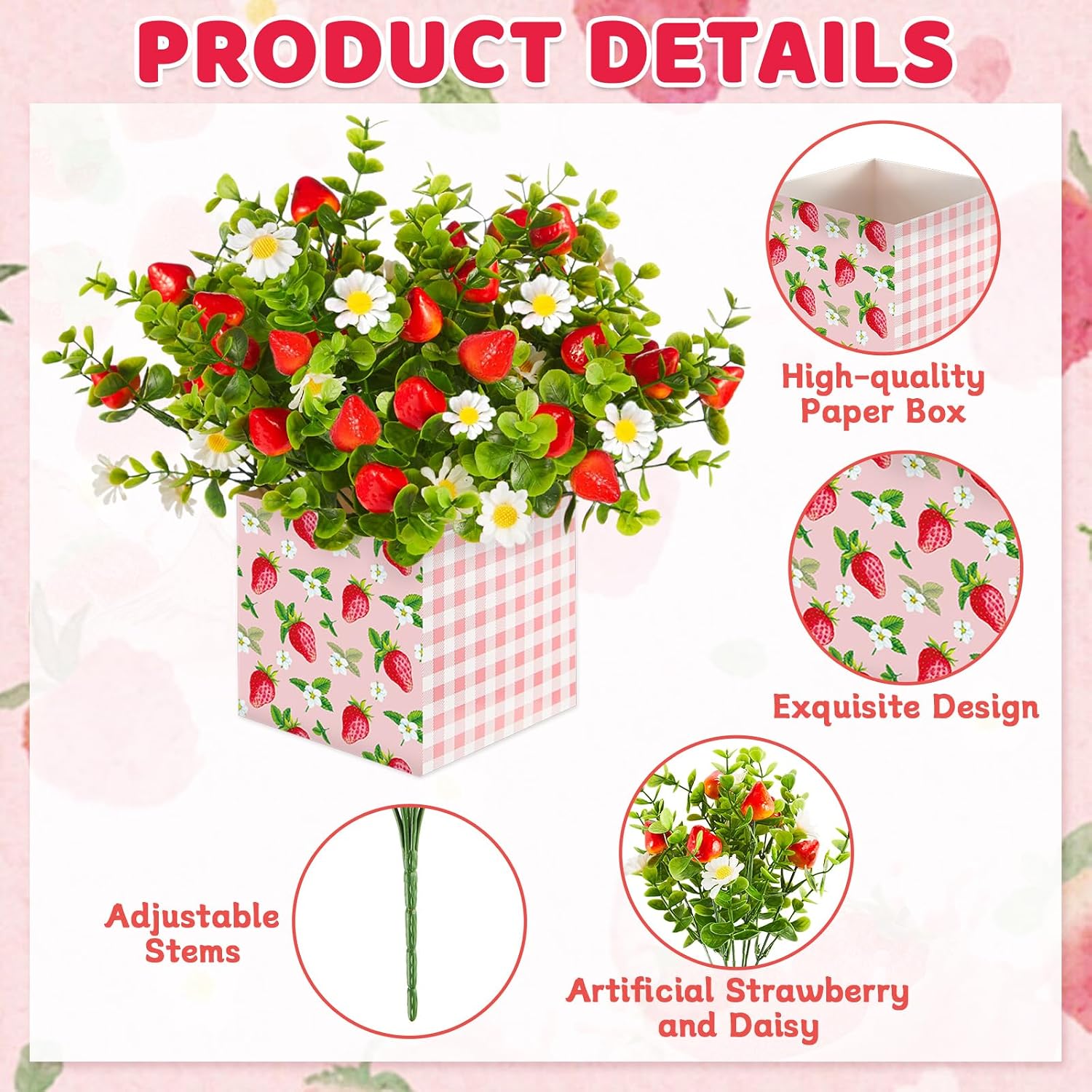 Condition photo showing New/Like New for summer strawberry table centerpiece decor strawberry box decorations artificial strawberry daisy plant with box and fake strawberries for sweet baby shower farmhouse home party wedding kitchen(6 sets)