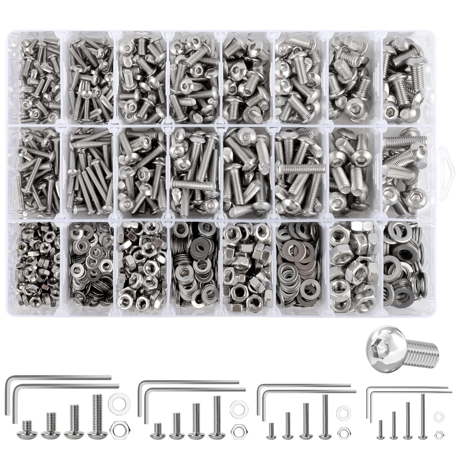 1280 PCS Nuts and Bolts Assortment Kit, M3 M4 M5 M6 Hexagon Socket Head Cap Screw, 304 Stainless Steel Assorted Nuts And Bolts with Hex Key - Ideal for Installation & DIY