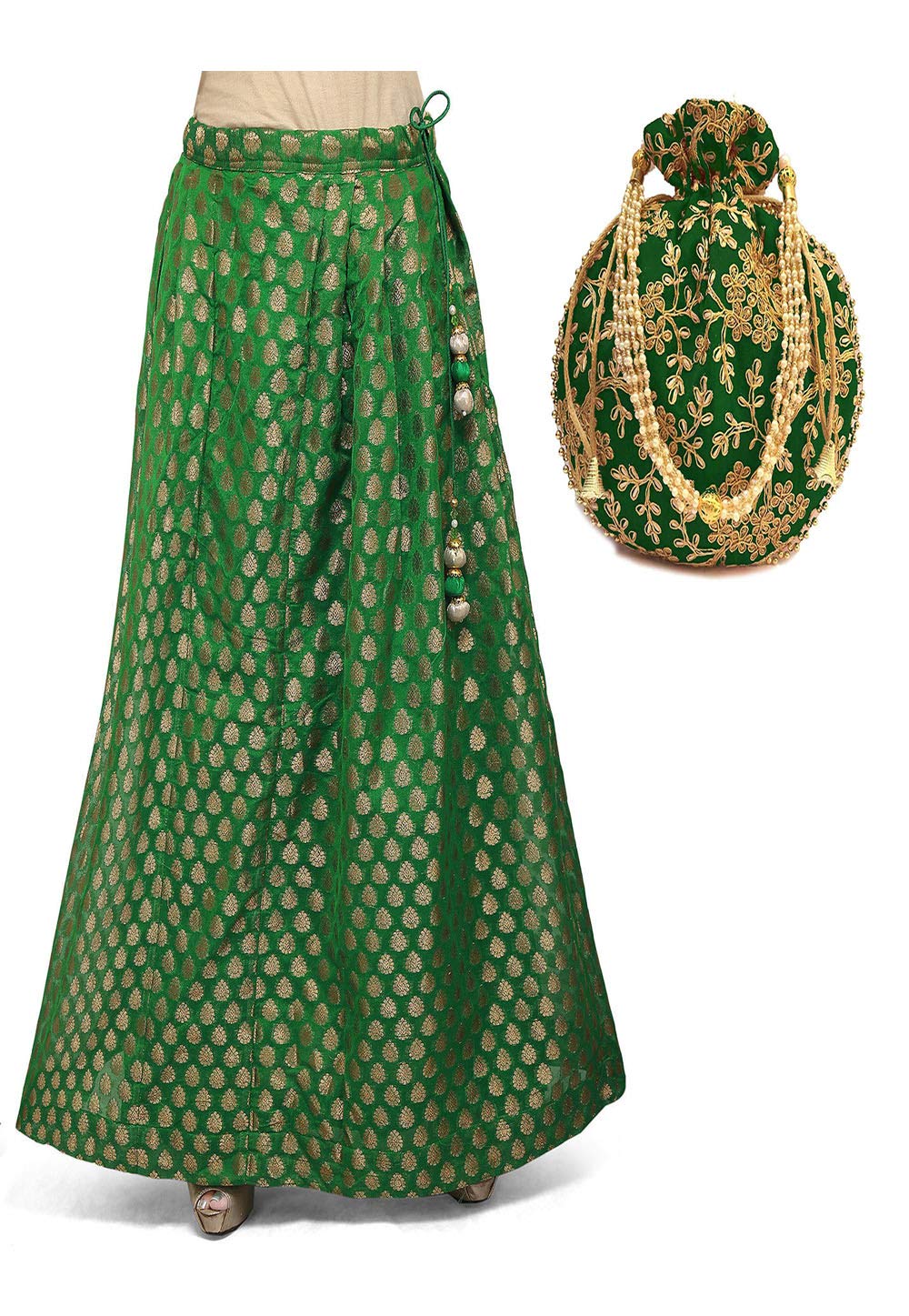 Rajasthani Look Benarsi Brocade Bridal Skirt/Lehenga/Bottom with Bridal Potli Bag. (30, Green) (B08QW24ZDK) Amazon Price History, Amazon Price Tracker