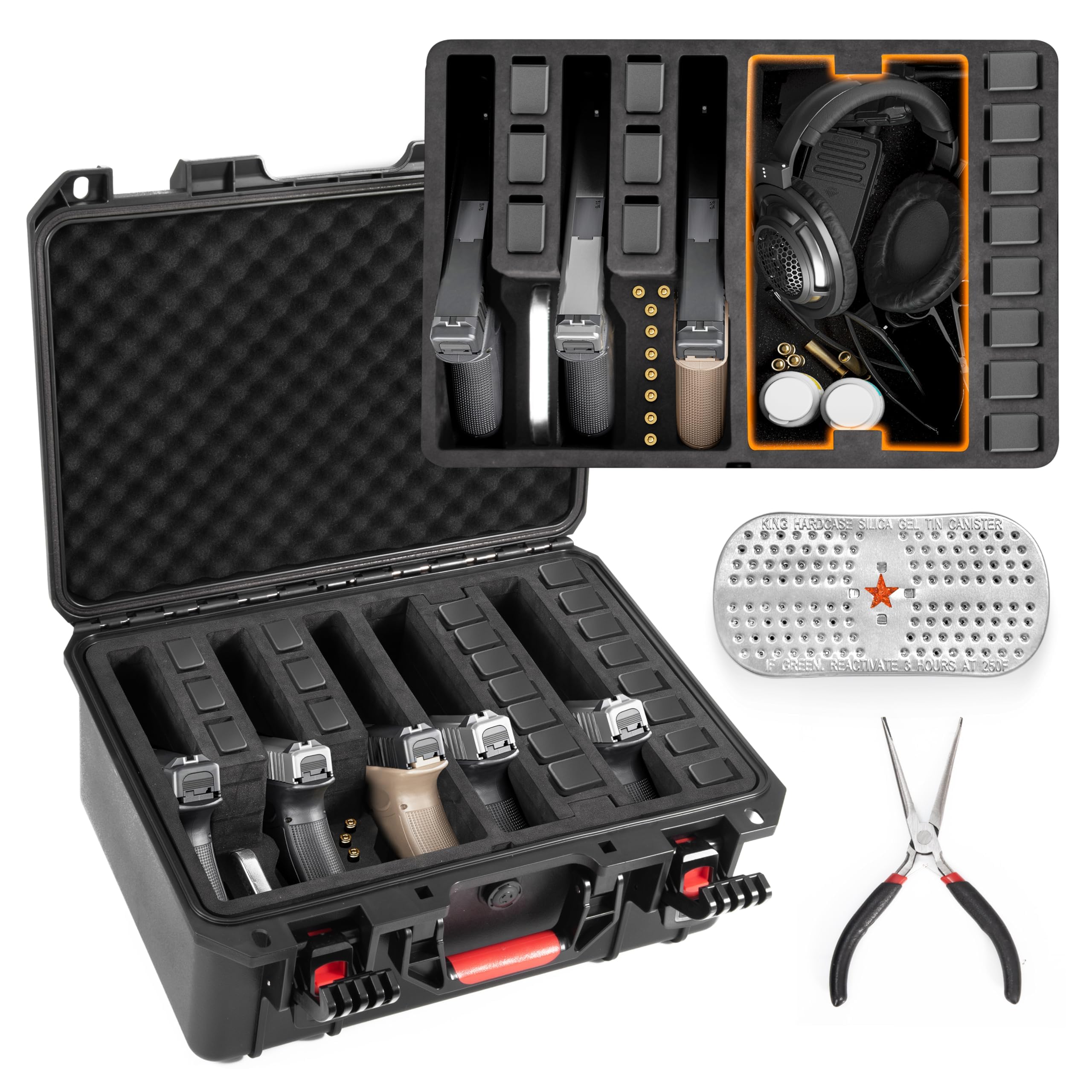 Kinghardcase Gun Cases for Handguns, 5 Pistol Case & 21 Magazine Pre-Cut Multiple Pistols Shockproof Waterproof Hard Pistol Cases with Desiccant TSA Approved Firearm Travel Case