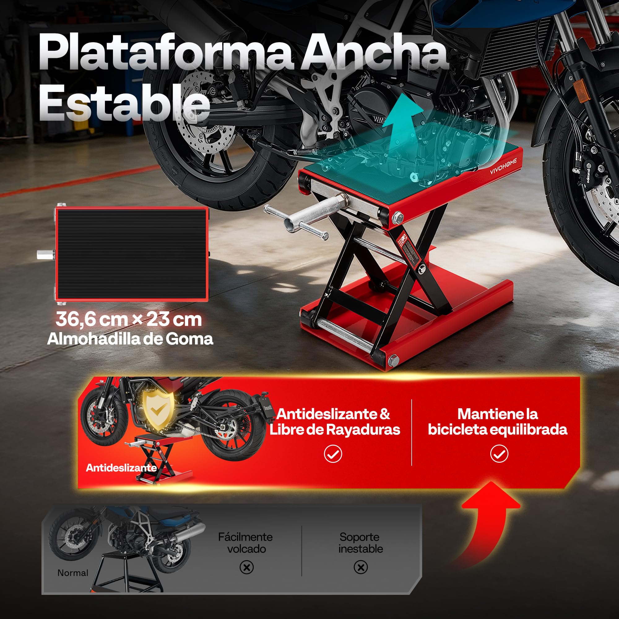VIVOHOME Elevador Moto Plataforma Elevadora Motocicleta Ancha de Acero Altura Ajustable, Soporte Central Capacidad de 500kg para Coche Taller Garaje Vehículos Rojo