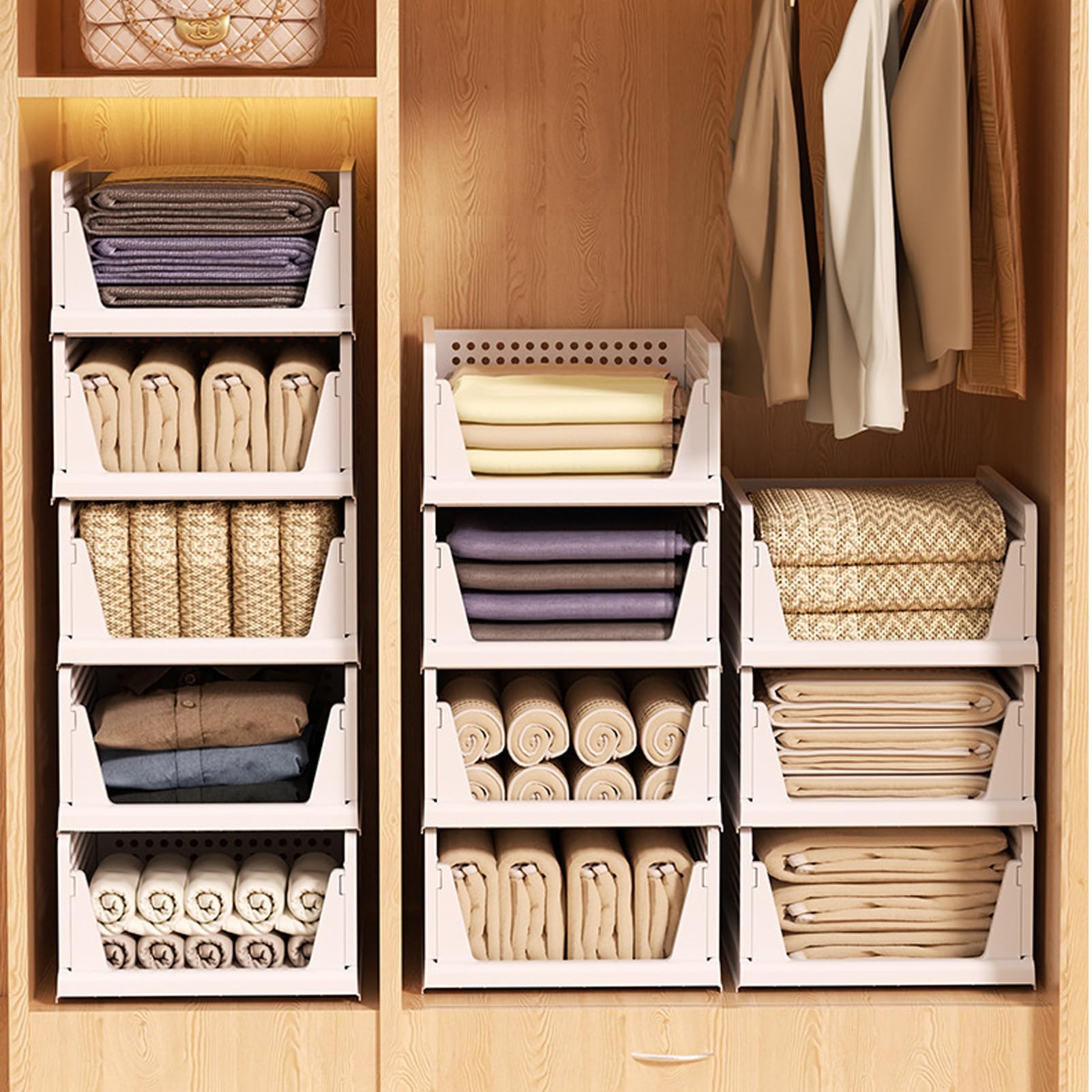 Warmiehomy 8 Pack Wardrobe Storage Organiser Stackable Storage Boxes Plastic Drawers, Wardrobe Shelves Organiser Foldable Baskets for Closet Bedroom