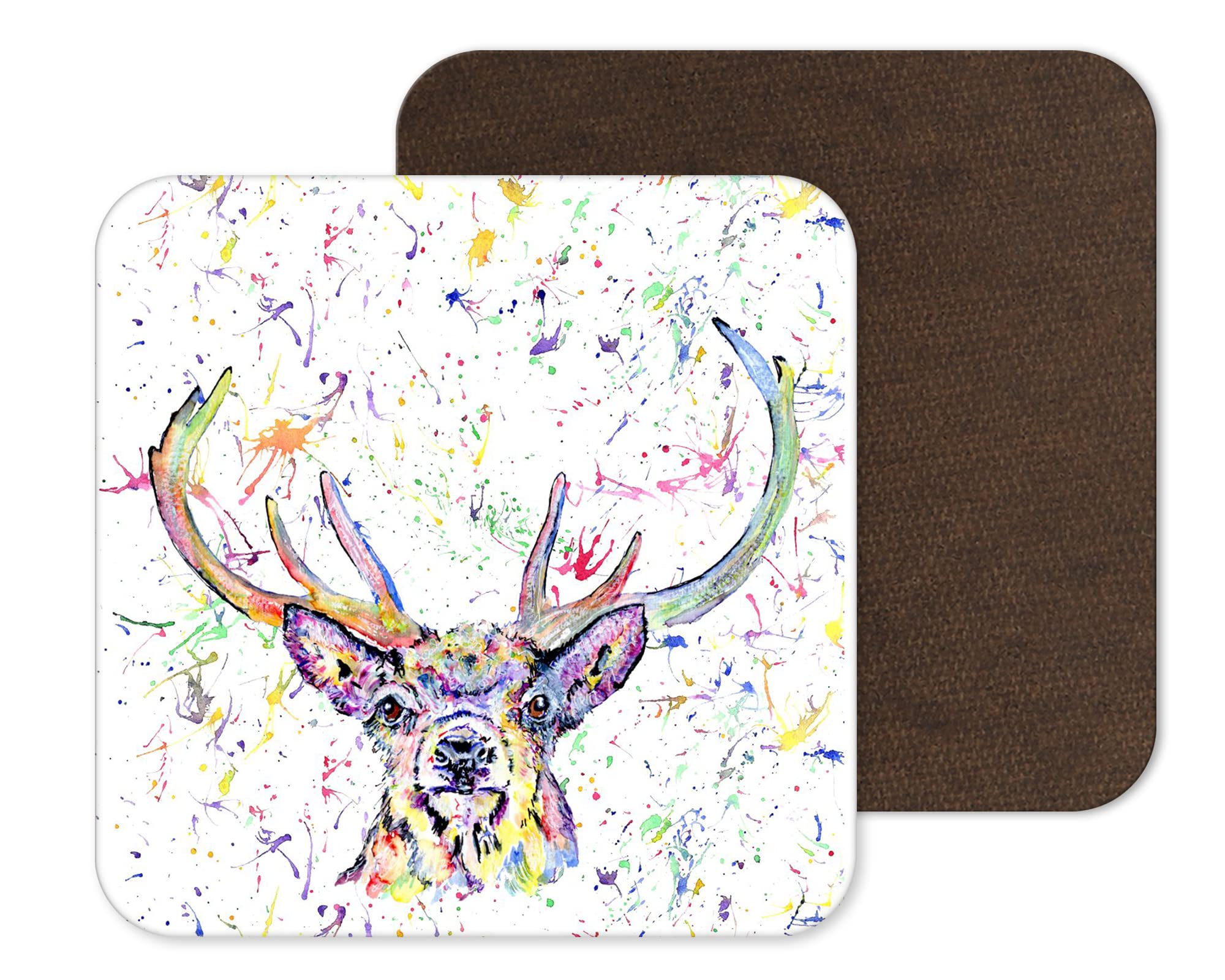 Vixar Brown Coaster Stag Scottish Wildlife Animal Coasters Watercolour Art Gift Work Office Dining Tea Coffee (1)