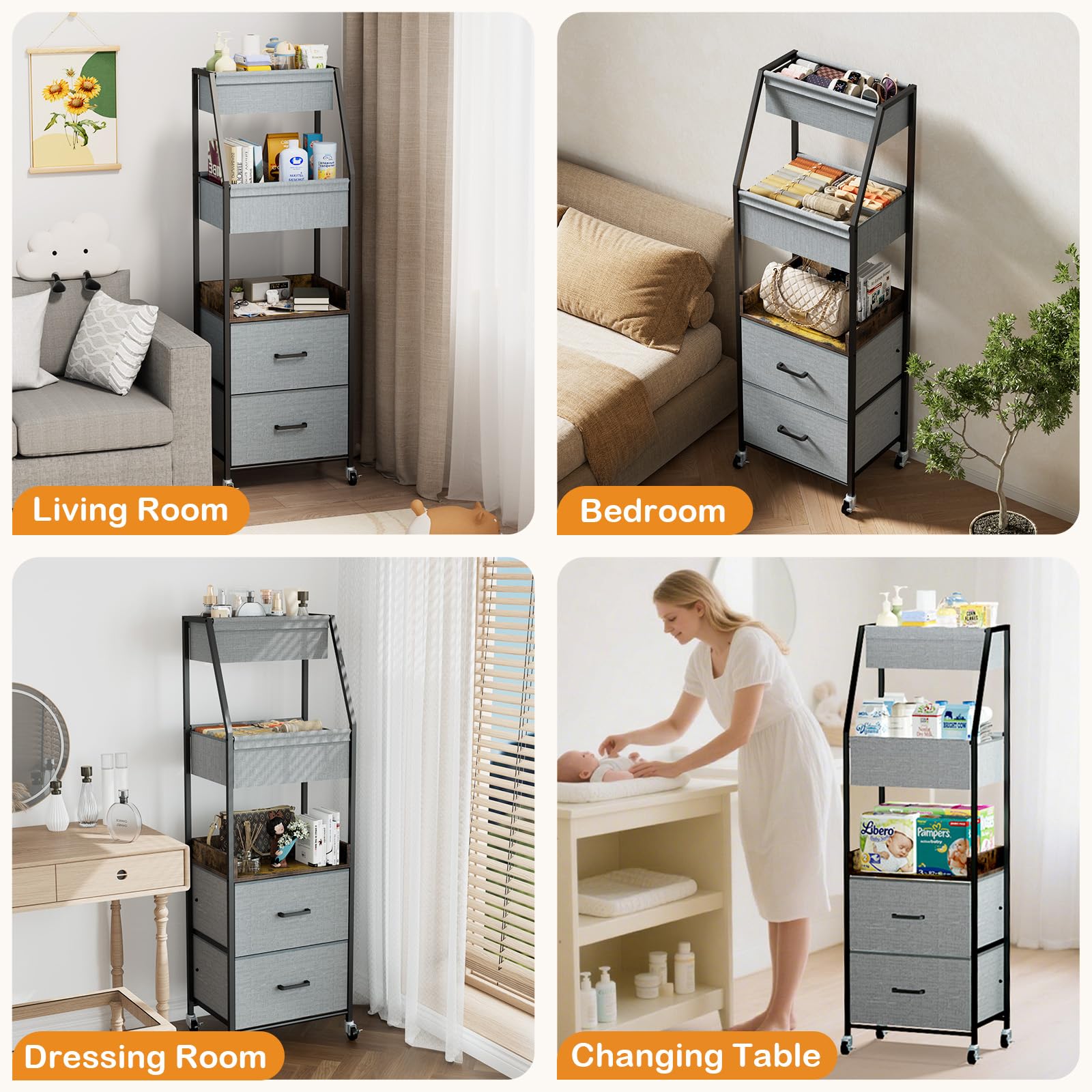 Organizador de Pañales Móvil de 5 Alturas, Cómoda con Ruedas y 2 Cajones para Artículos de Bébé, Organizador de Pañales Móvil de Madera y Metal para Habitación Bebé, Dormitorio (Nero)