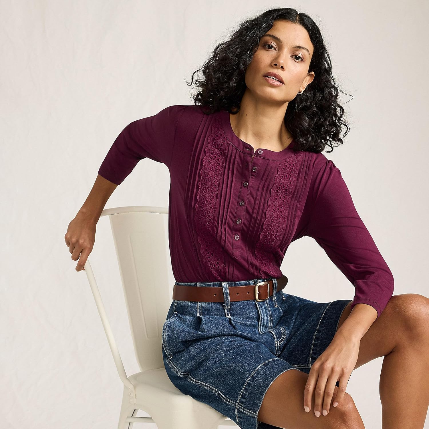 Lands' End Women's 3/4 Sleeve Lightweight Jersey Embellished Top