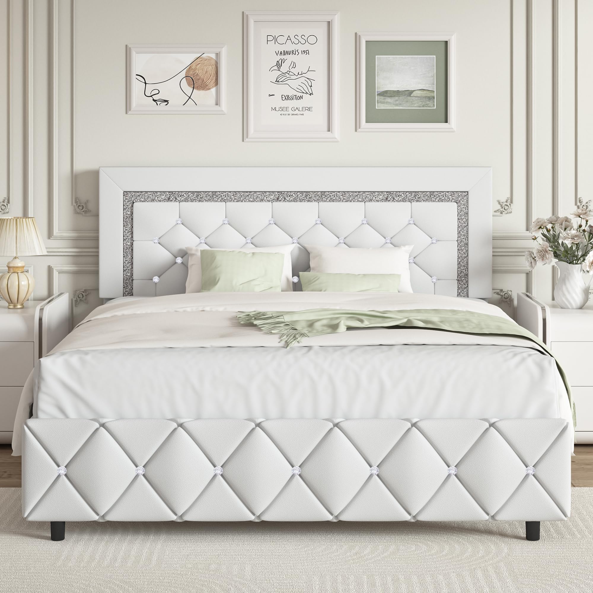 Queen Bed Frame, Upholstered Platform Bed with Button Tufted Headboard, Princess Platform Bed with Diamond Design, Wooden Slats Support, No Box Spring Required, Easy Assembly, White