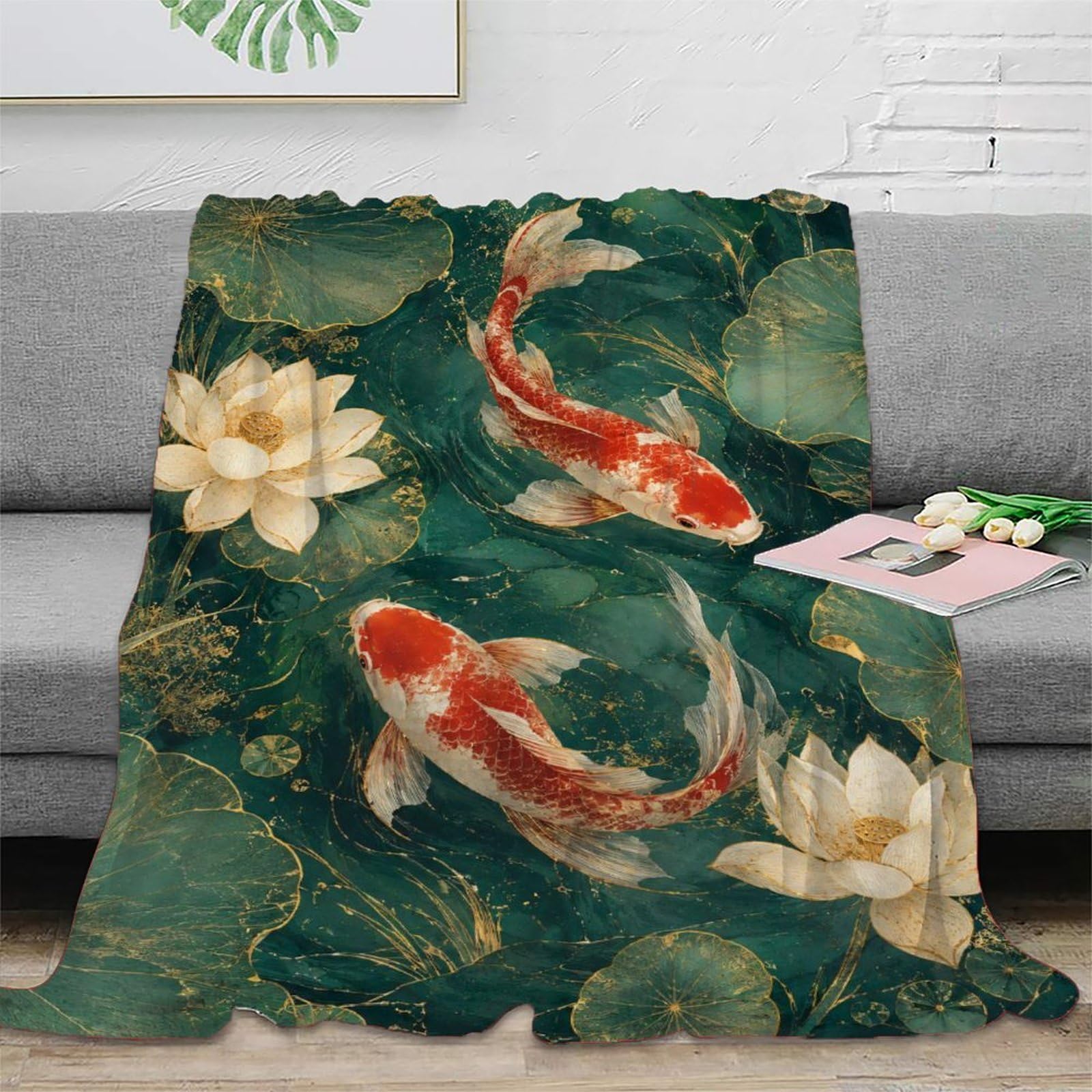 H3B8U2Y5 Koi Fish Lotus Blanket, Flannel, Camping, Tranquil Pond Print