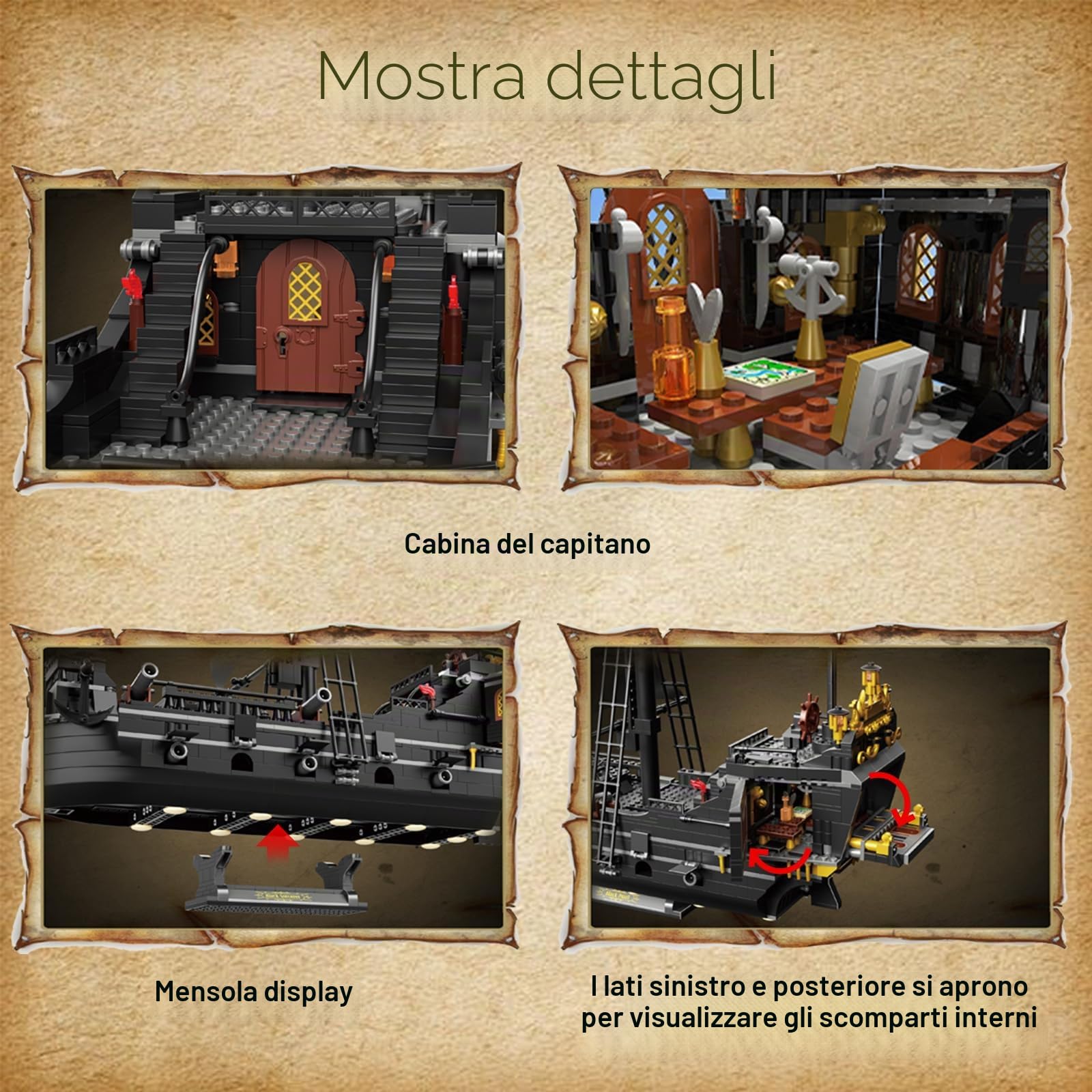 Blocchi da costruzione per nave pirata, set mini blocchi da costruzione, kit modelli costruzione di barche nere, regalo per gli amanti delle navi pirata, ragazzi e ragazze 8+ 1366 pezzi