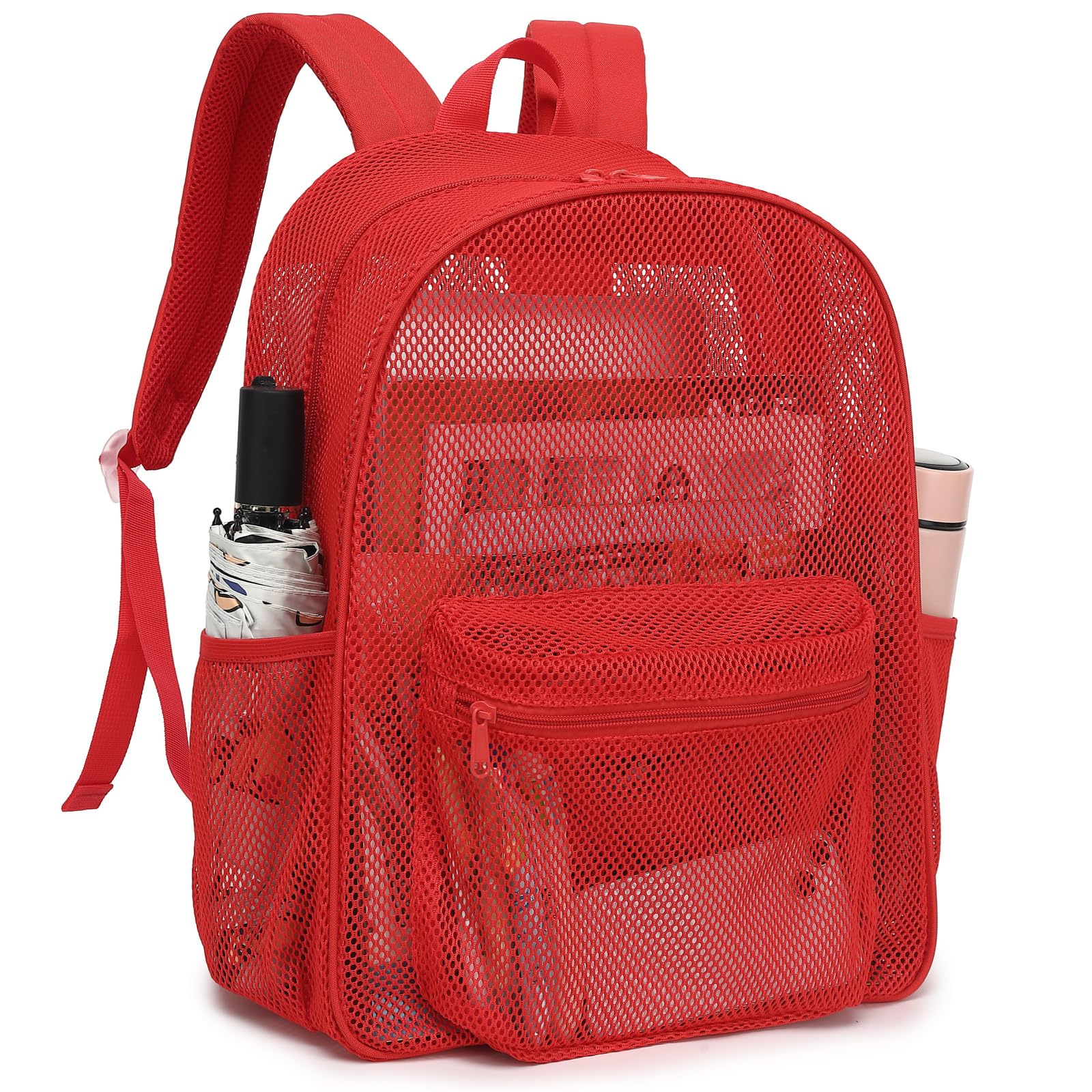 Fuyicat Red Mesh Backpack for Girls, Semi-Transparent School Bookbag See Through Beach Bags for Kids Women