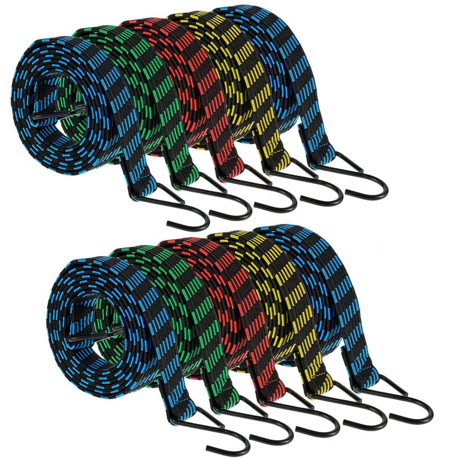 Bungee Cords with Hooks, Heavy Duty Adjustable Bungee Cord, UV-Resistant Flat Elastic Bungee Straps for Securing Tarps, Bike, Luggage Rack, Camping Tents, Wheelie Bin Lid Covers (10pcs/2M each)
