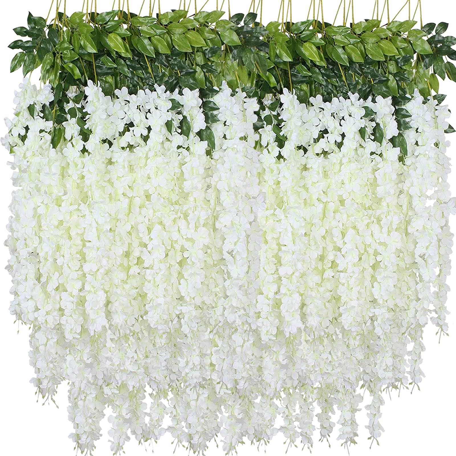 Artificial Wisteria Hanging Flowers, Fake Wisteria Flower Garland Silk Vines Rattan String Decor for Home Wedding Arch Wall Garden Greenery Bedroom Outdoor Office Party Decoration (24, White)
