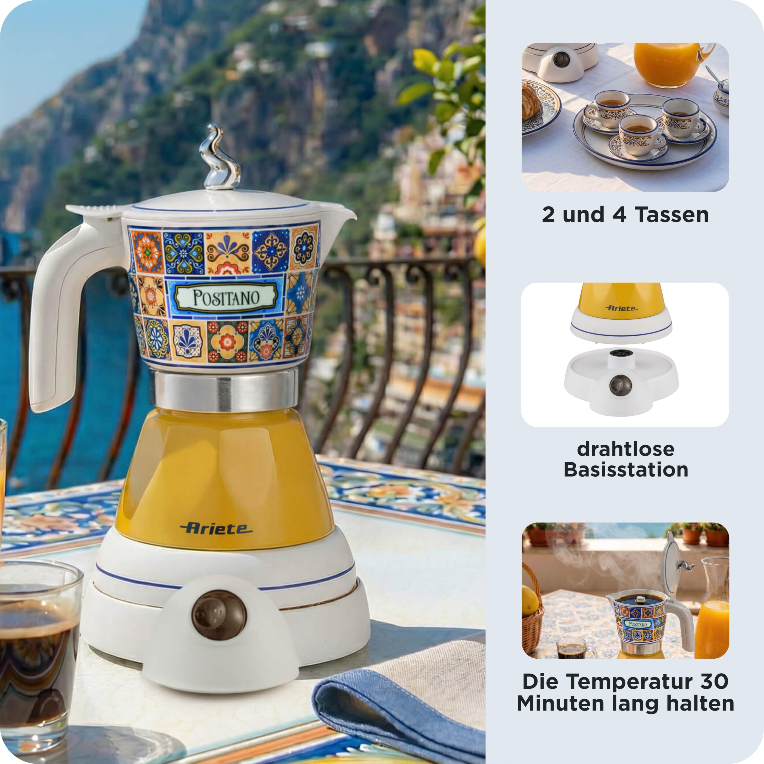 Ariete 1358/1P Espressokocher Aroma Positano, elektrisch, 400 W, 2/4 Tassen, kabellos, automatische Abschaltung, Temperaturerhaltung