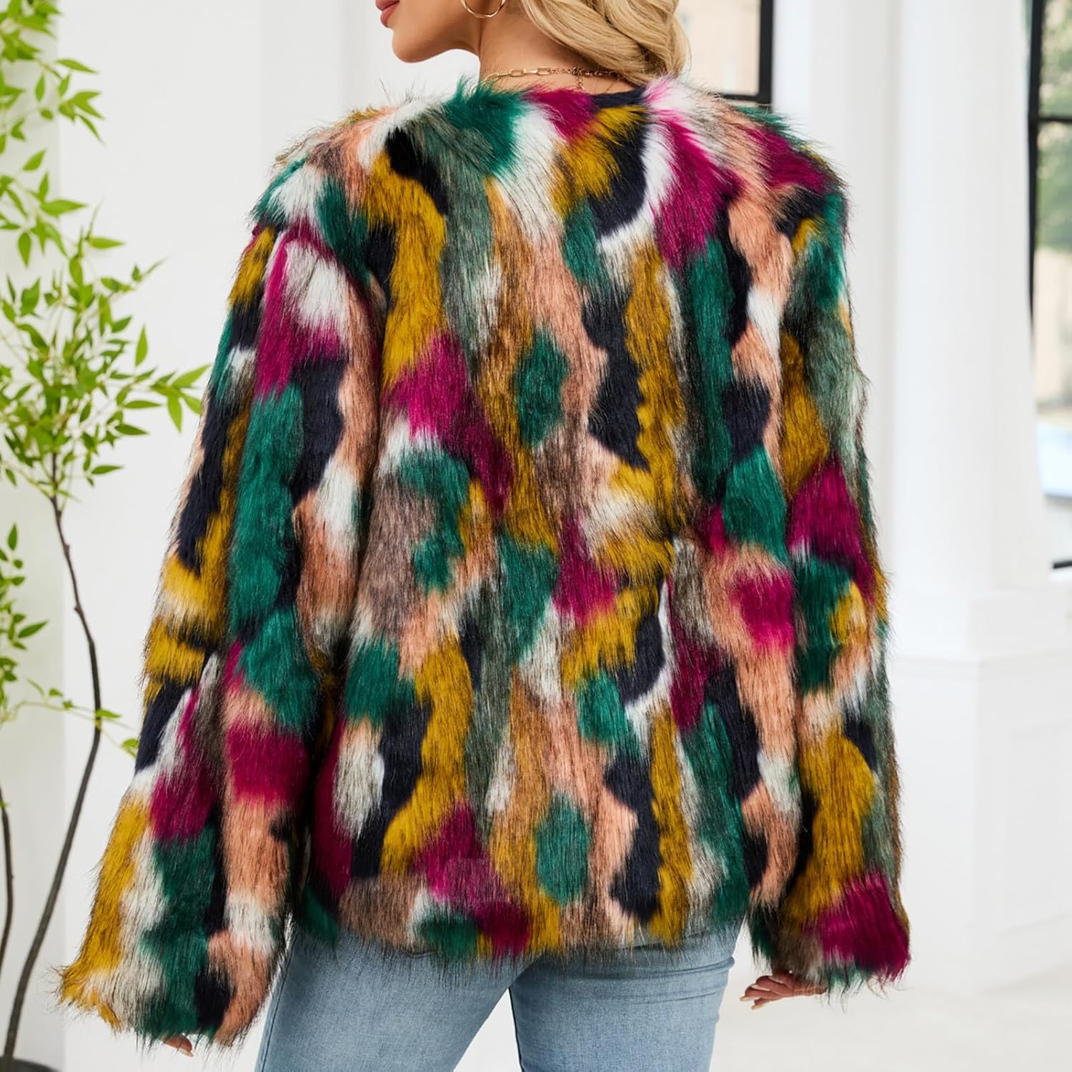 Women's Multicolor Furry Fluffy Faux Fur Coat Trendy Fall Winter Soft Warm Jacket Open Front Outware Shaggy Cardigan - Image 5