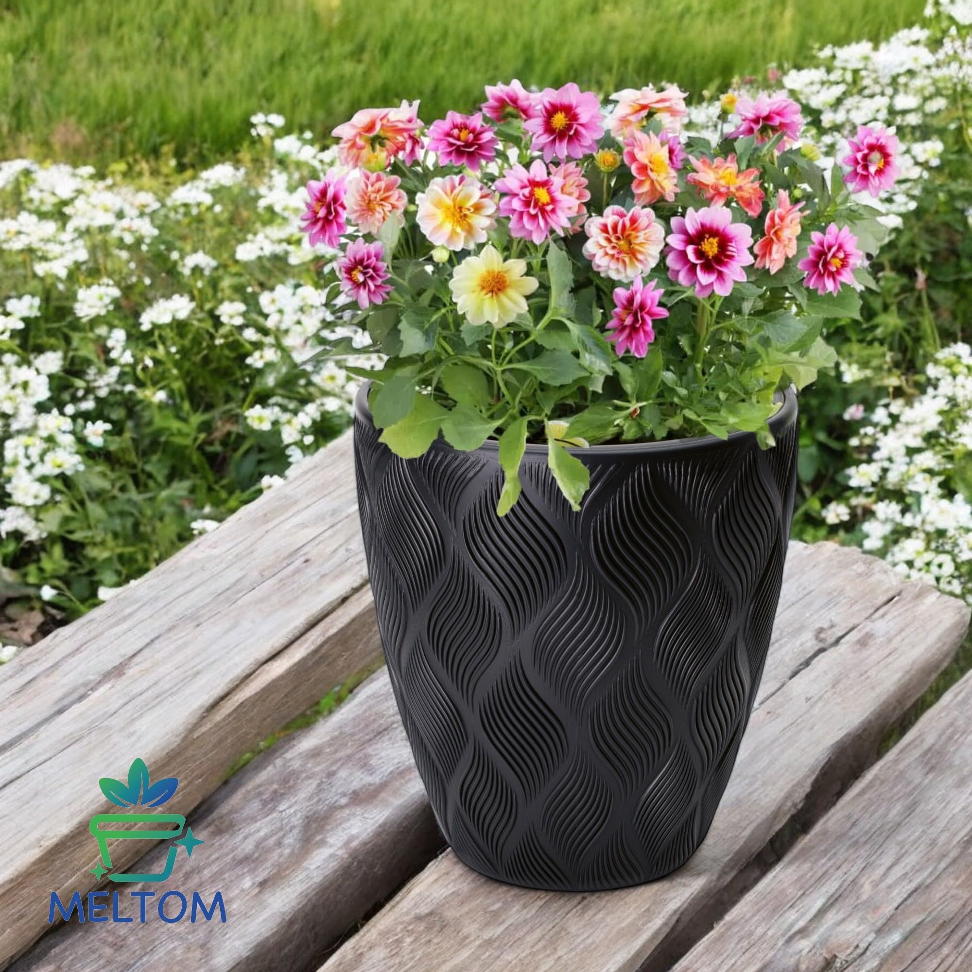 MELTOM Vaso da Fiori H 42 cm Ø 39 cm Nero Rilievo 3D con Riserva d'Acqua
