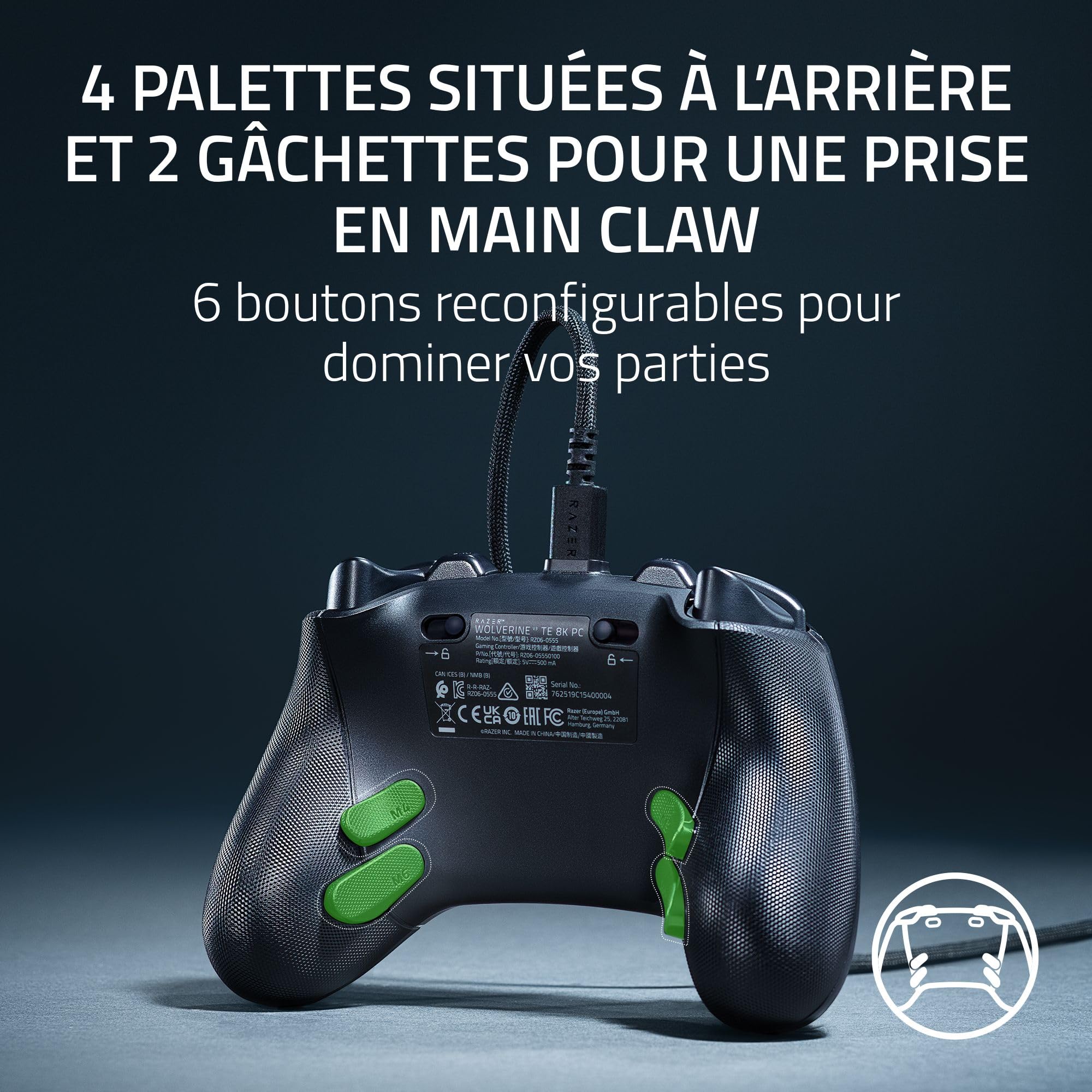 Razer Wolverine V3 Tournament Edition 8K PC - Manette ​​esport filaire pour PC (8K Hz HyperPolling, Sticks TMR avec capuchons interchangeables, 4 boutons arrière 2 poussoirs ​(prise griffe)​) Noir