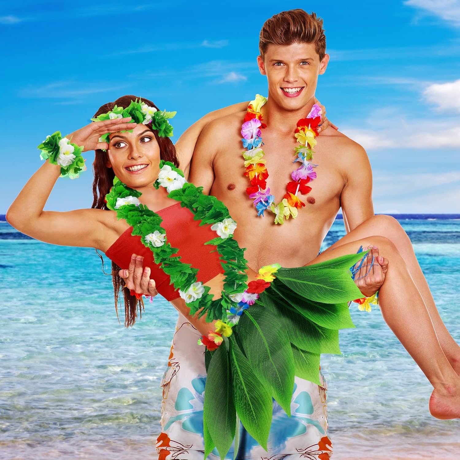 Yahenda 6 Pcs Hawaiian Woman Costume Leaf Hula Skirt with Crop Top Flower Necklace and Leis Outfits for Summer Luau Party - Image 7