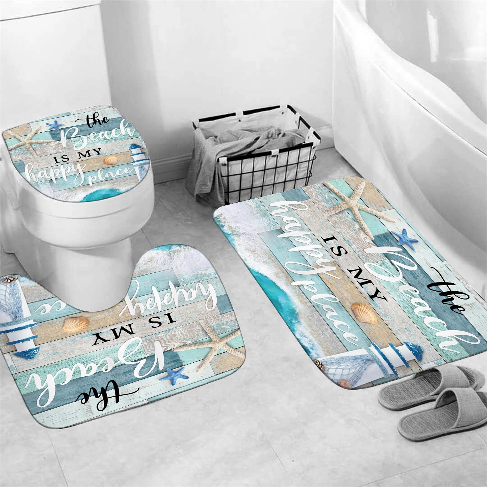 Nkzply Strand Duschvorhang-Set – 4-teilig Mit Teppichen, Blau, Nautisches Design (180x180 Cm)