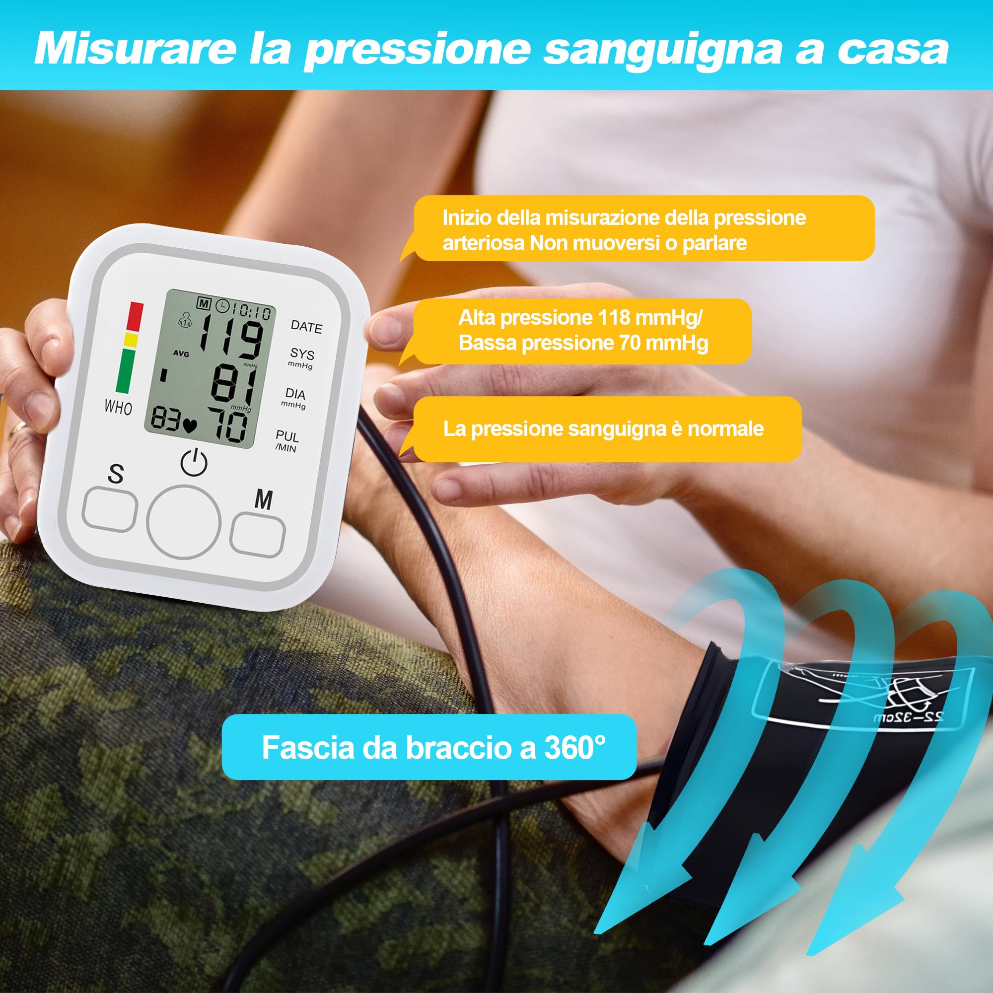 Misuratore Pressione da Braccio,Misuratore Pressione LCD Digitale Automatico di Pressione Sanguigna del Polso del Monitor di Battimento di Cuore Frequenza di Polso del Braccio Meter Pulsometro