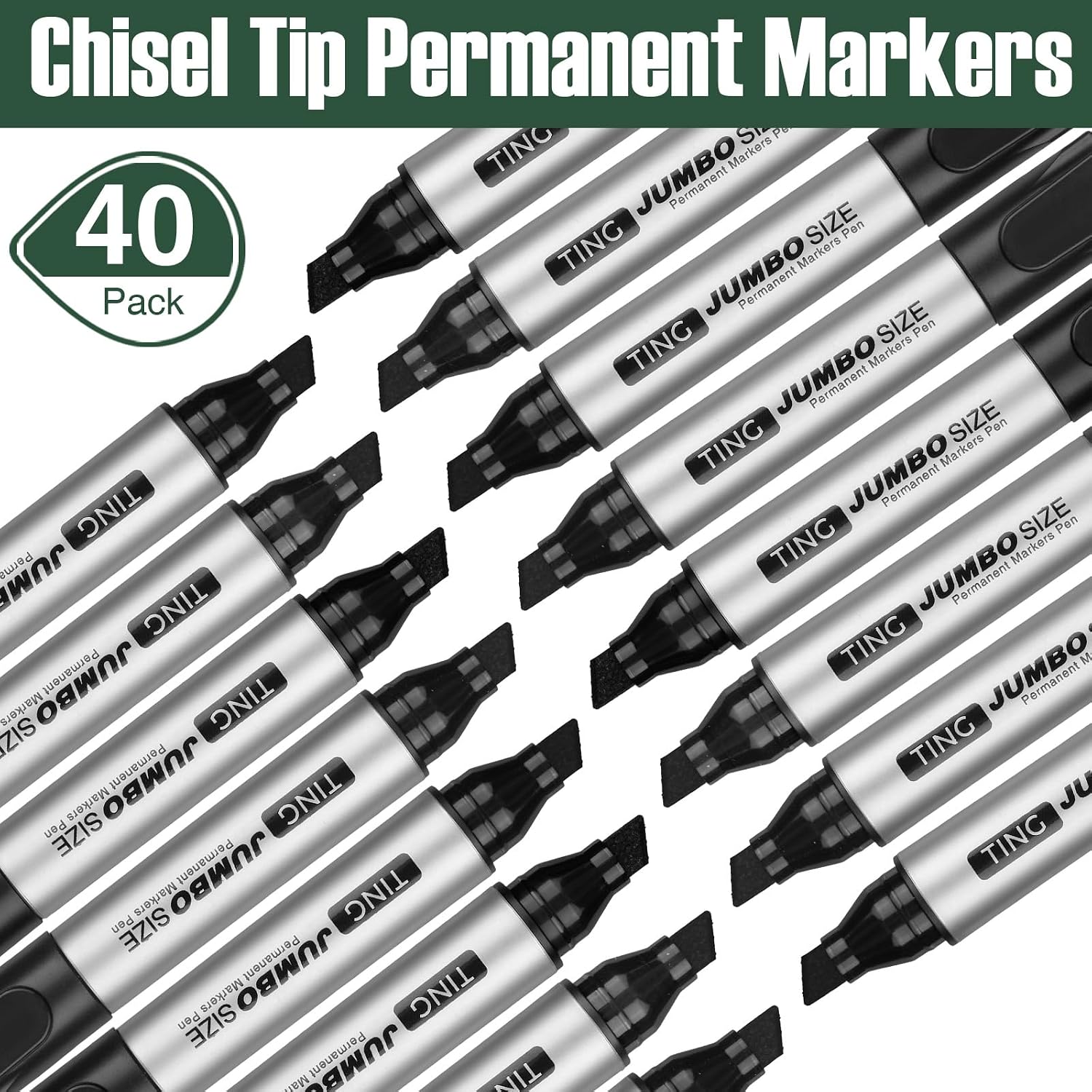 Cholemy 40 Pcs Jumbo Permanent Markers Bulk Large Chisel Tip Permanent Markers Quick Drying Pens for Office Supplies(Black)