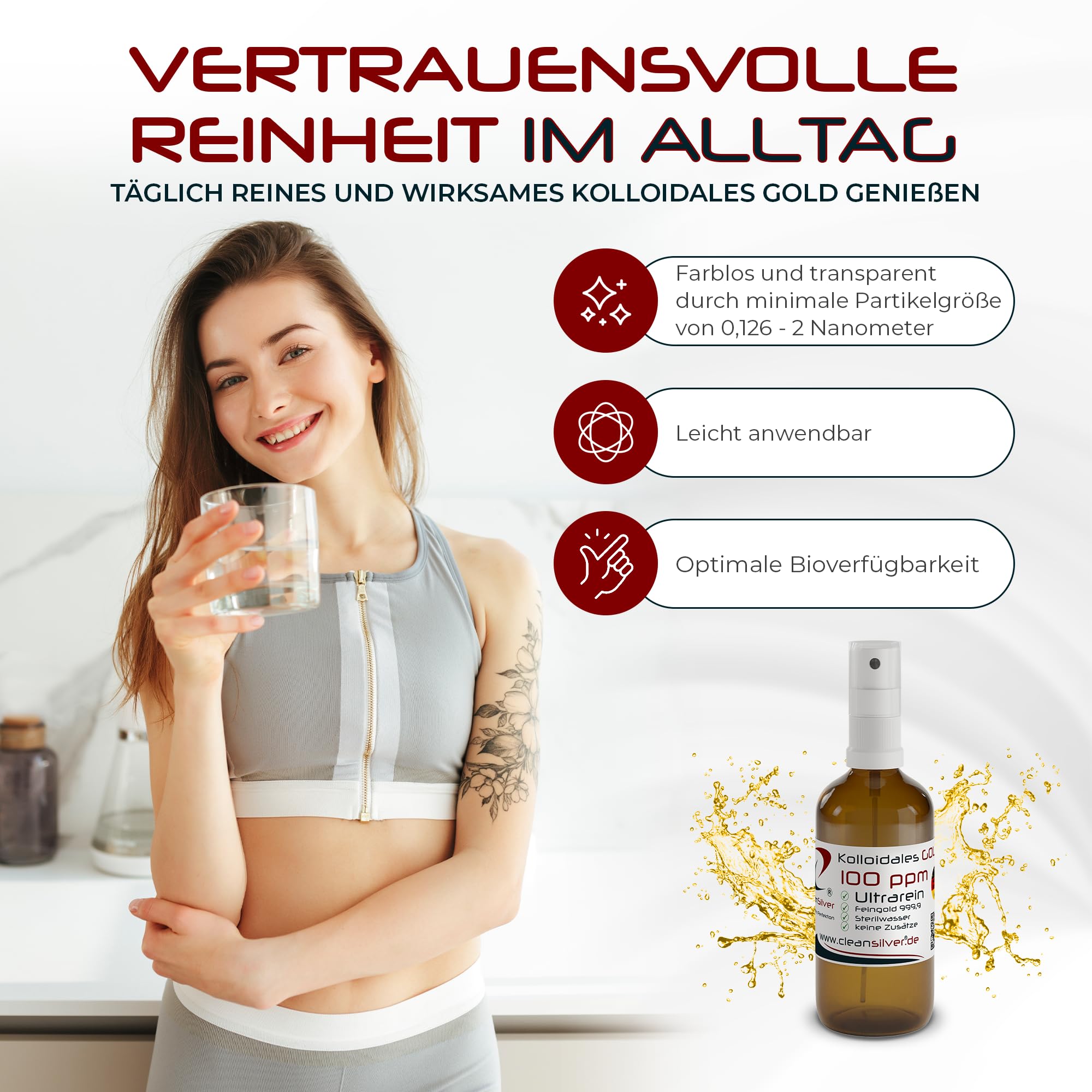 CleanSilver Kolloidales Gold 100 ppm 100ml Spray, Ultrarein: Sterilwasser und Feingold 99,99% - Made in Germany- Stets frische Herstellung - keine Lagerware!