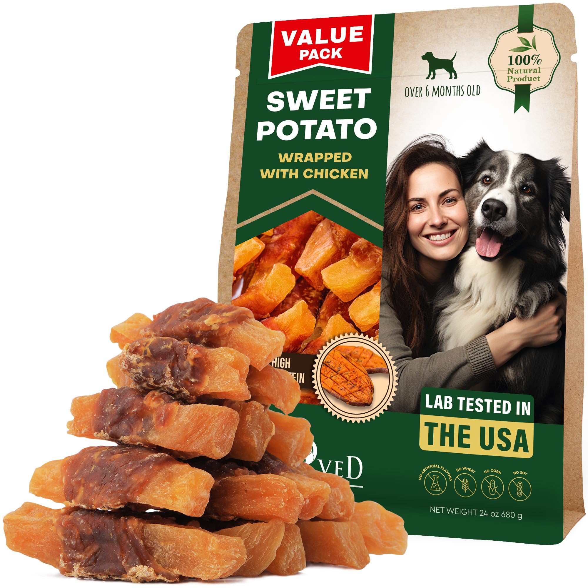 Beloved Pets Sweet Potato Dog Treats &amp; Chicken Jerky Wraps 1.5 Pound - Dog Food &amp; High Protein Soft Chews for Large, Medium &amp; Small Breeds, Sweet Potato Wrapped Chicken