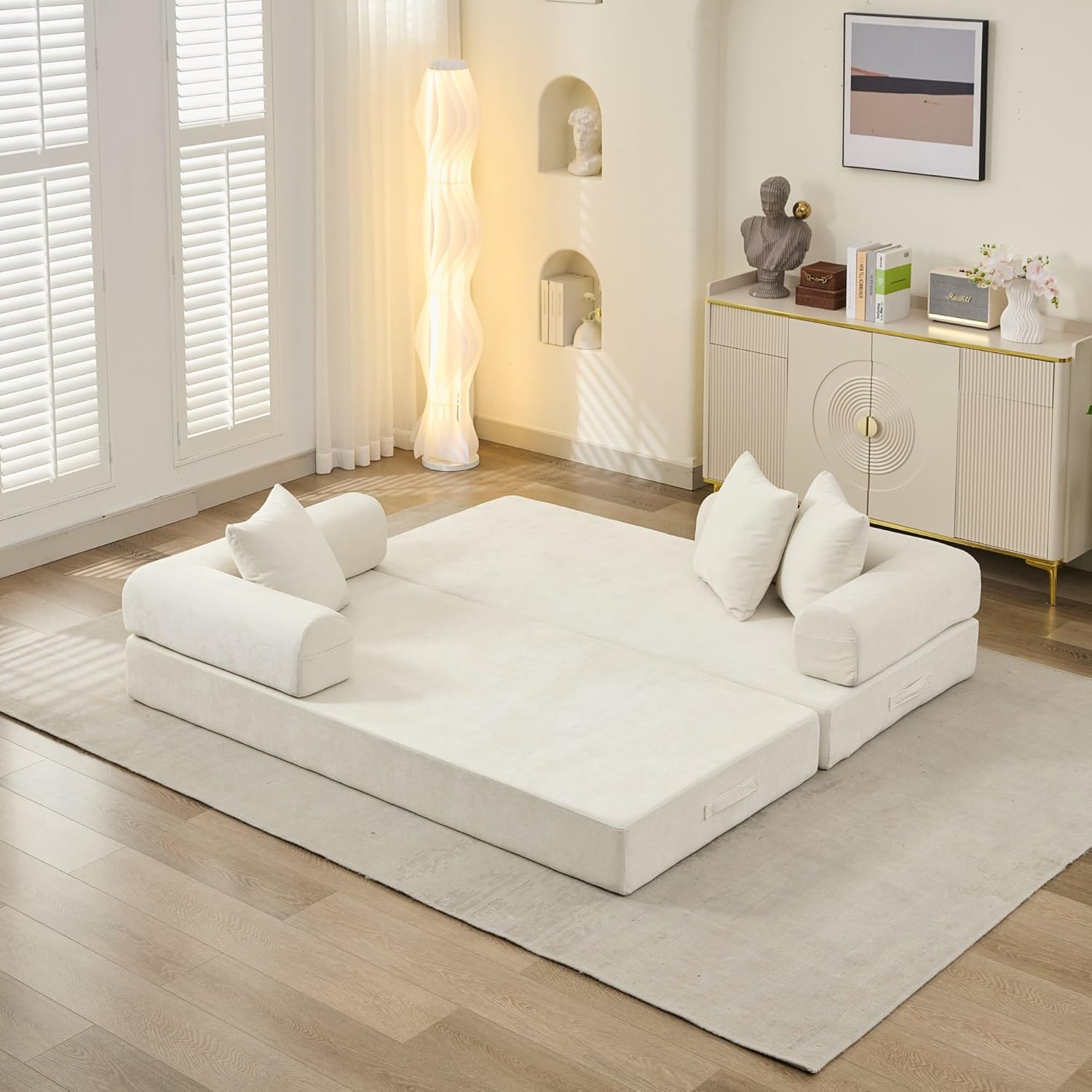 Convertible Folding Sofa Bed Modular Floor Couch, 78.8‘’ Cloud Sleeper Sofa with Removable Backrest, Chenille Foldable Mattress Couch, Lazy Loveseat for Small Space, Apartment, Bedroom, Beige