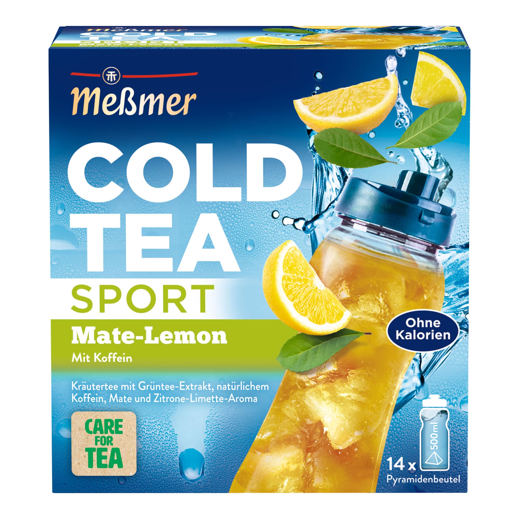Meßmer Cold Tea Sport Mate-Lemon| Kräutertee mit Grüntee-Extrakt | Kaltaufguss mit Koffein | ohne Zuckerzusatz | 14 Pyramidenbeutel