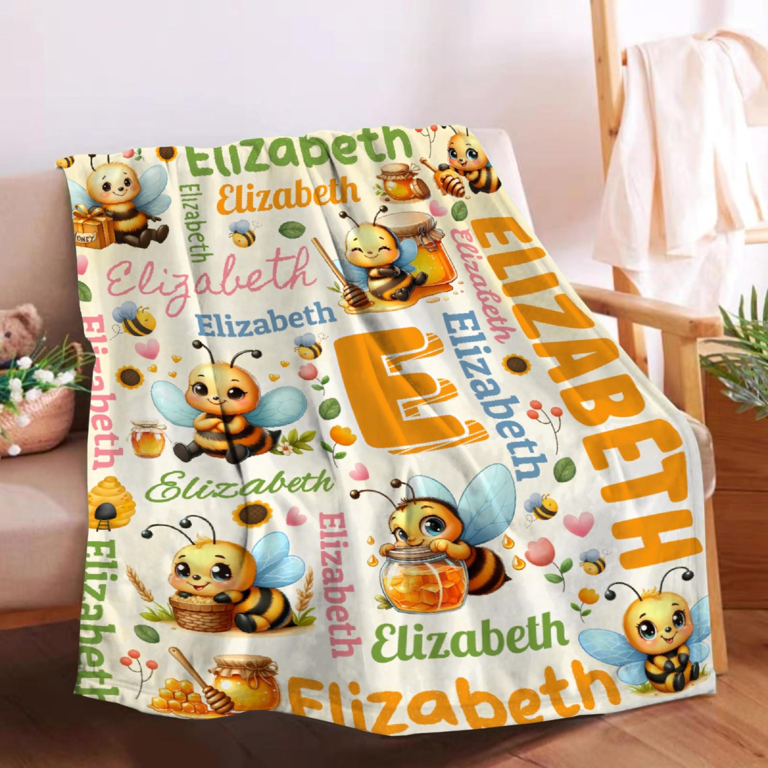 Personalized Custom Honeybee Blanket Gifts for Kids Boys Girls with Name - Customized Honeybee Super Soft Lightweight Flannel Sheets Decor for Crib Nap Couch - 50