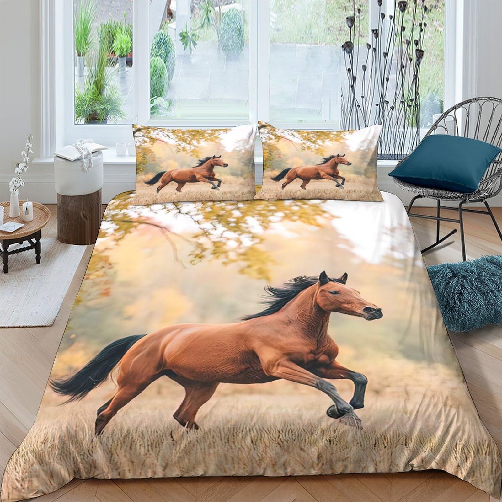 Ctjqhvkz Style-9 3D Printed Brown Horse Fitted Sheet Microfiber Soft Breathable Autumn Forest Bed Sheet For Bedroom Guest Room Decor Single（135X200cm）