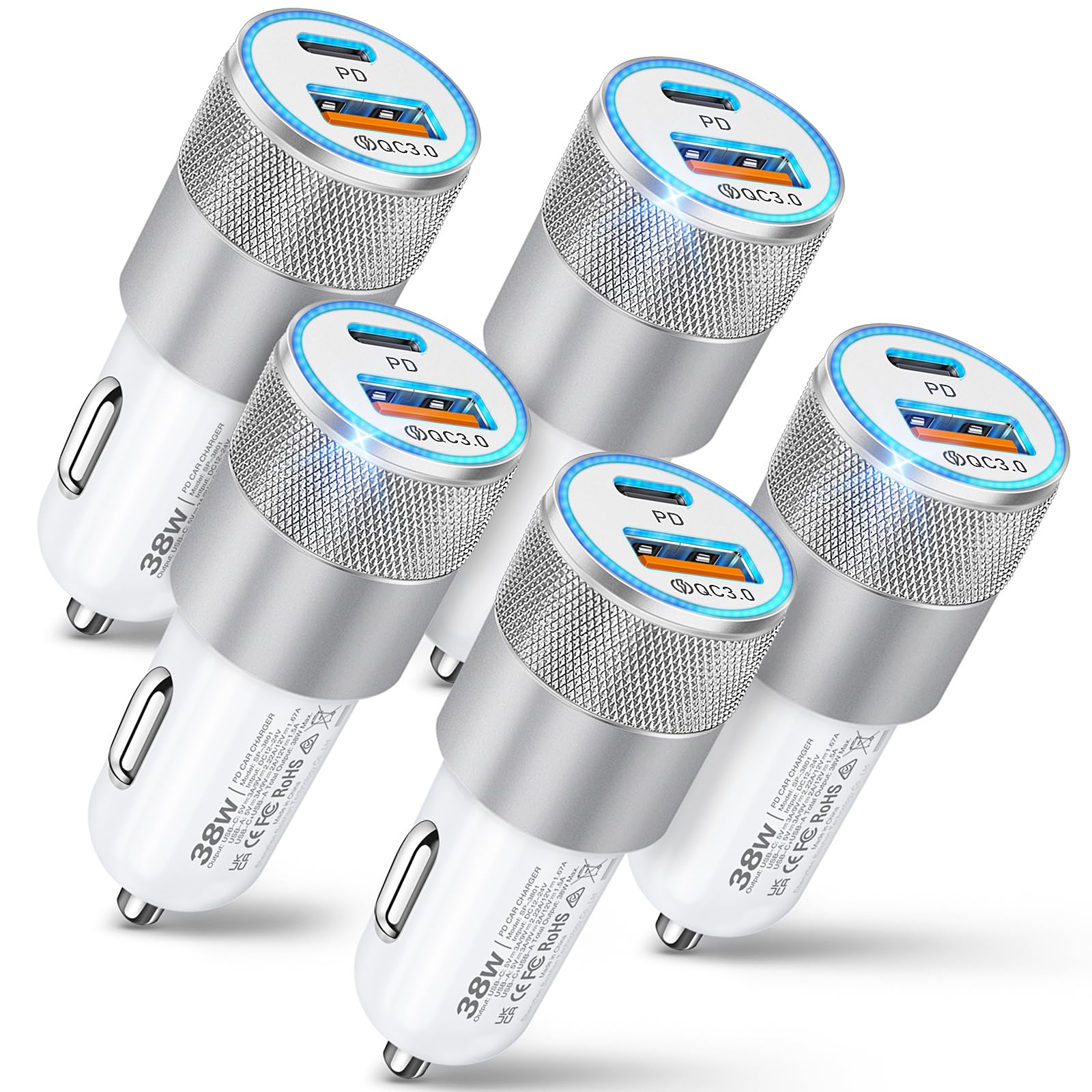 Cargador de coche, paquete de 5 adaptadores de encendedor de cigarrillos de 38 W de doble puerto, color blanco