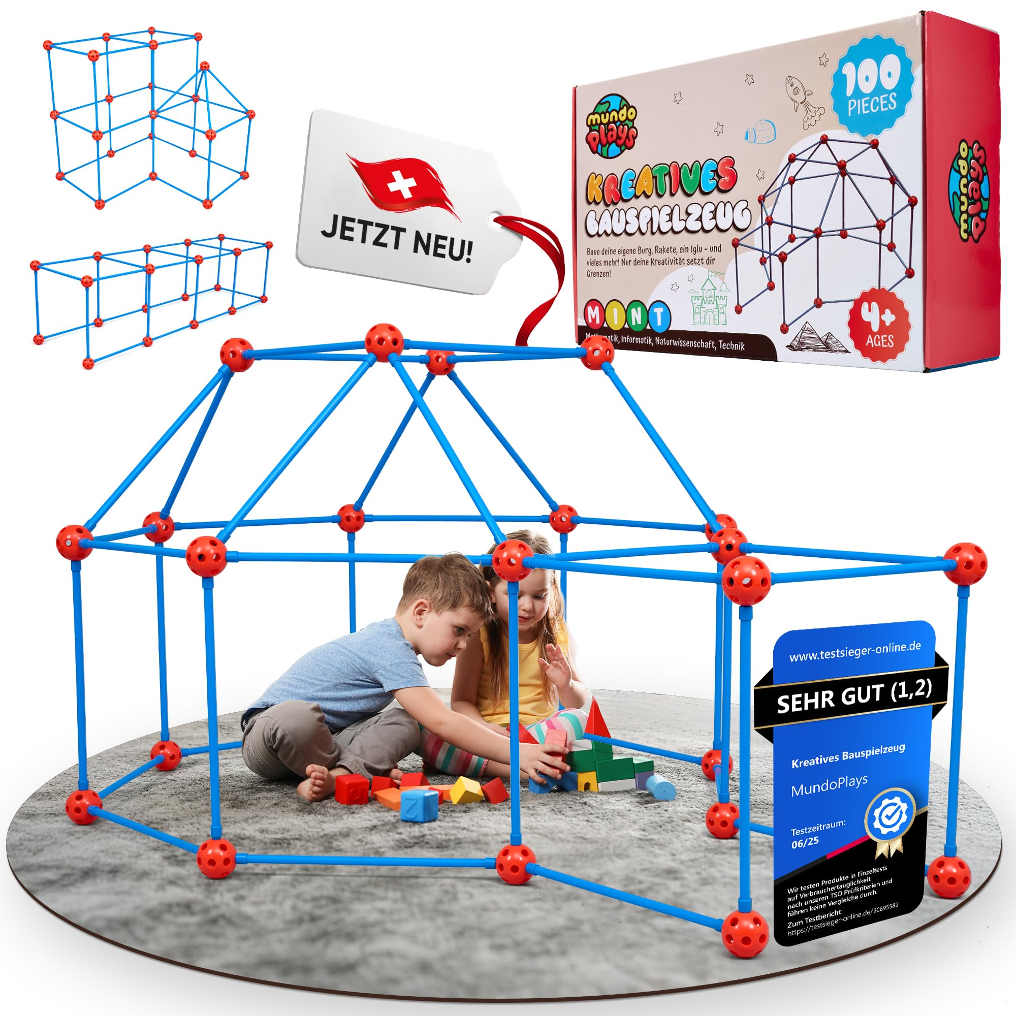 Konstruktionsspielzeug/Bauspielzeug für Outdoor und Indoor [Sicher und Stabil] 100 Teile Gartenspielzeug Kinderzelt Indoor Höhle Bauen Kinder kreativ Set für Kinder Kreatives Bauspielzeug