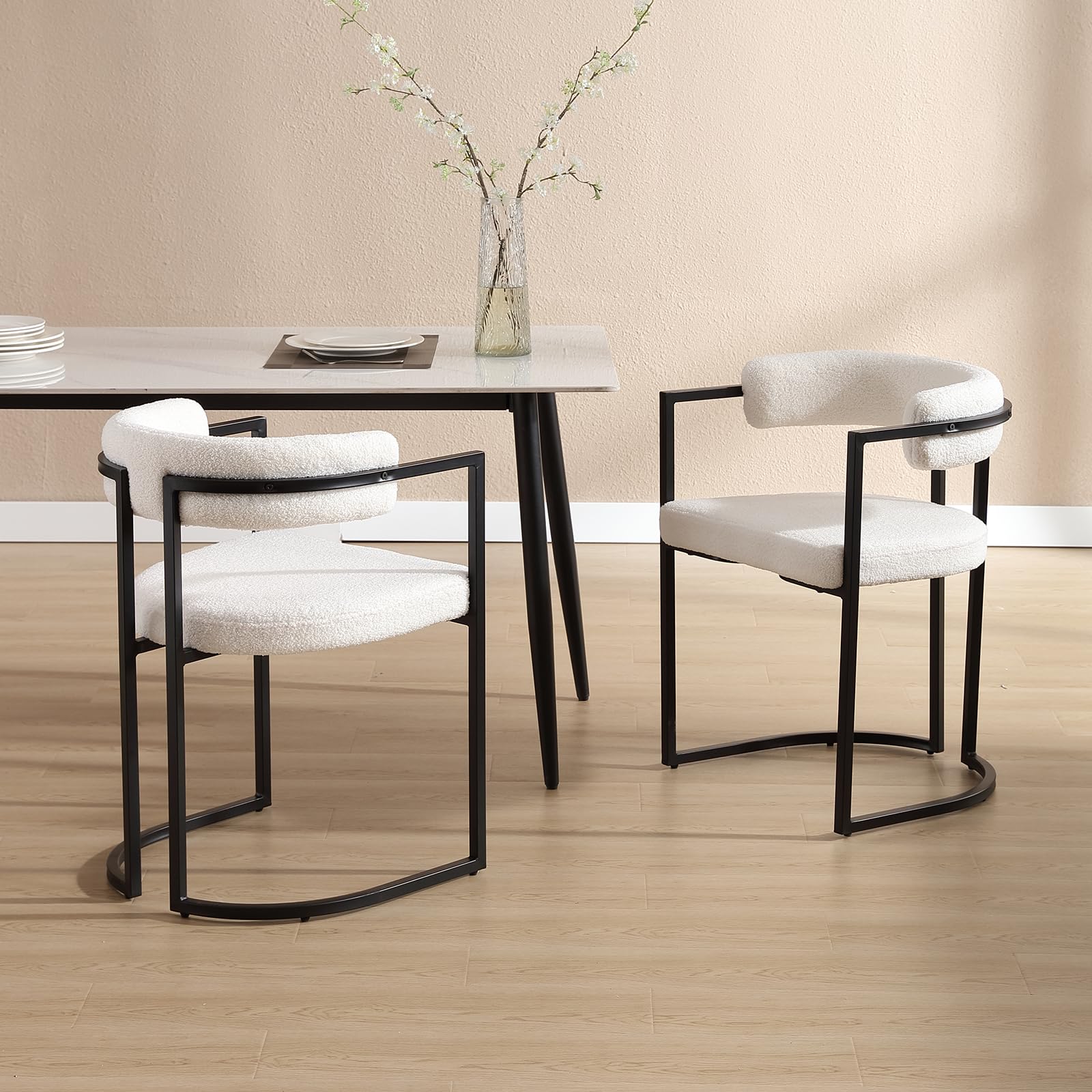 chairus Juego de 2 Sillas de Comedor de Lana Sintética Silas Laterales con Respaldo Curvado, Silla de Cocina con Marco de Metal Silla Decorativa Moderno para Hogar/Restaurante, Blanco