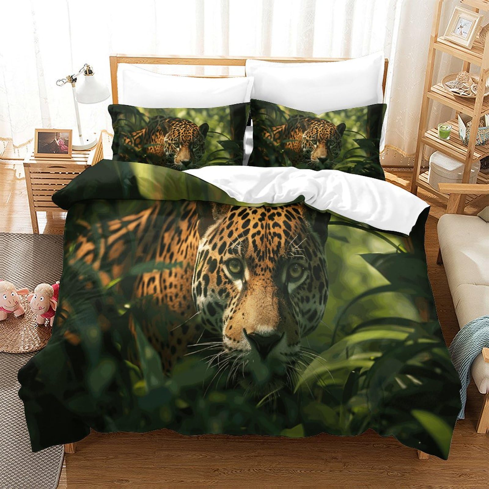 P1s9u7w5y Jaguar-5 3D Printed Rainforest Jungle Leopard Duvet Cover Set 3Pcs Microfiber Animal Bedding Set King（220X240cm）
