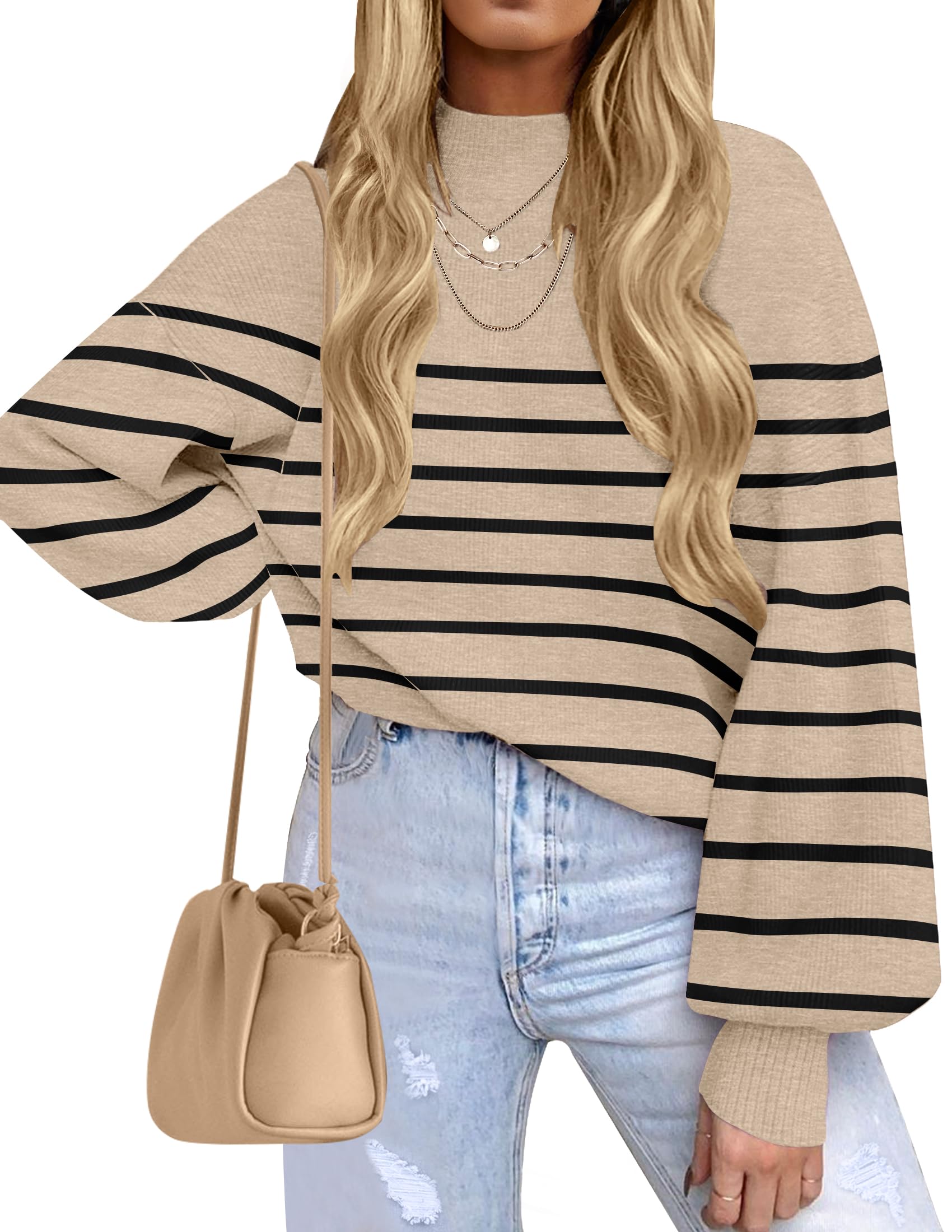 ZESICA Women's 2026 Fall Striped Pullover Sweaters Tops Fashion Outfits | Checkered, Mock Neck, Oversized, Trendy Casual Loose Fit, Cute, Chunky Cozy Holiday Winter Clothes